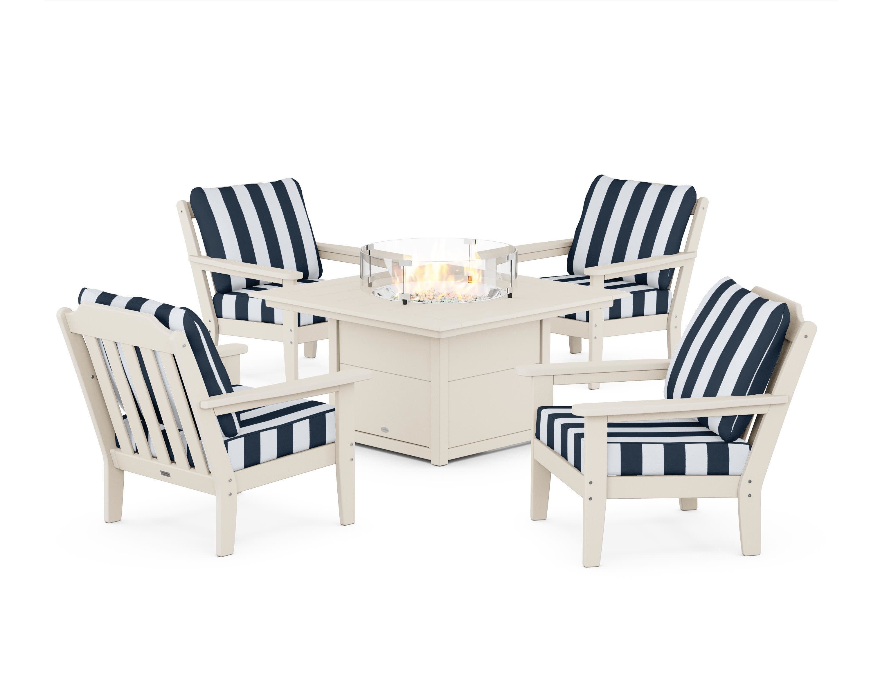 Cottage 5-Piece Deep Seating Set with Fire Pit Table in Sand / Cabana Stripe Marine Indigo