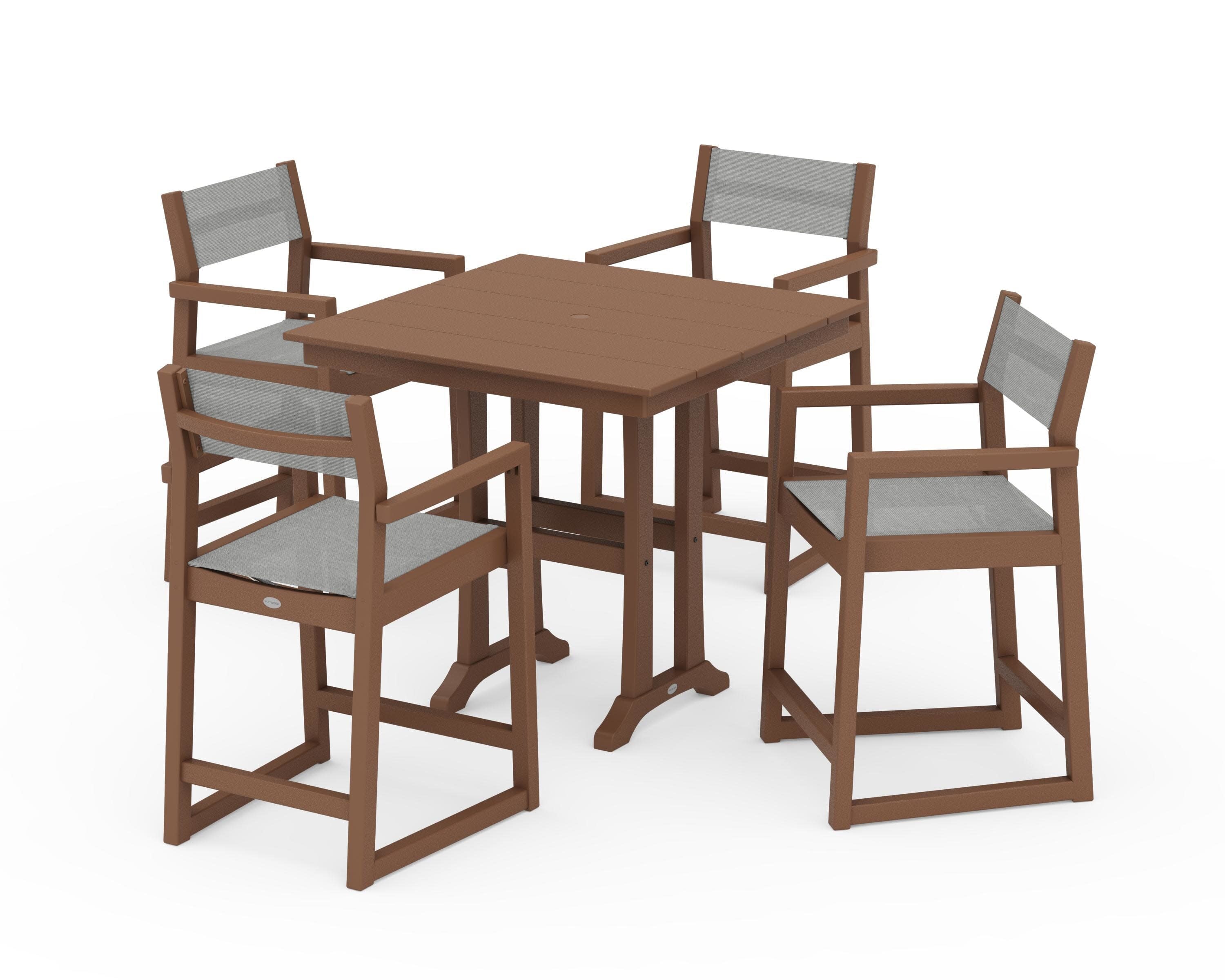 EDGE Sling Arm Chair 5-Piece Farmhouse Counter Set with Trestle Legs in Teak / Metallic Sling