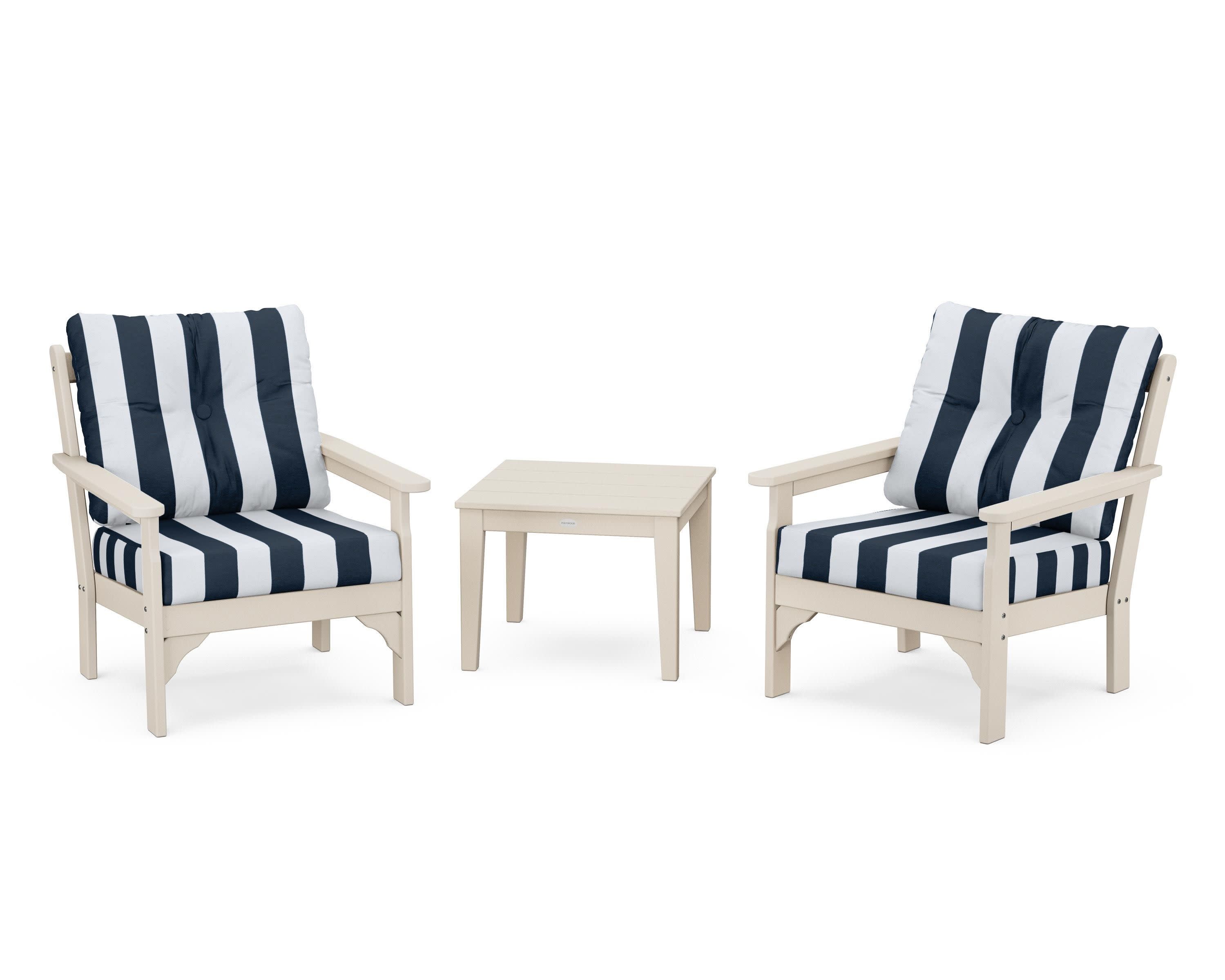 Vineyard 3-Piece Deep Seating Set in Sand / Cabana Stripe Marine Indigo