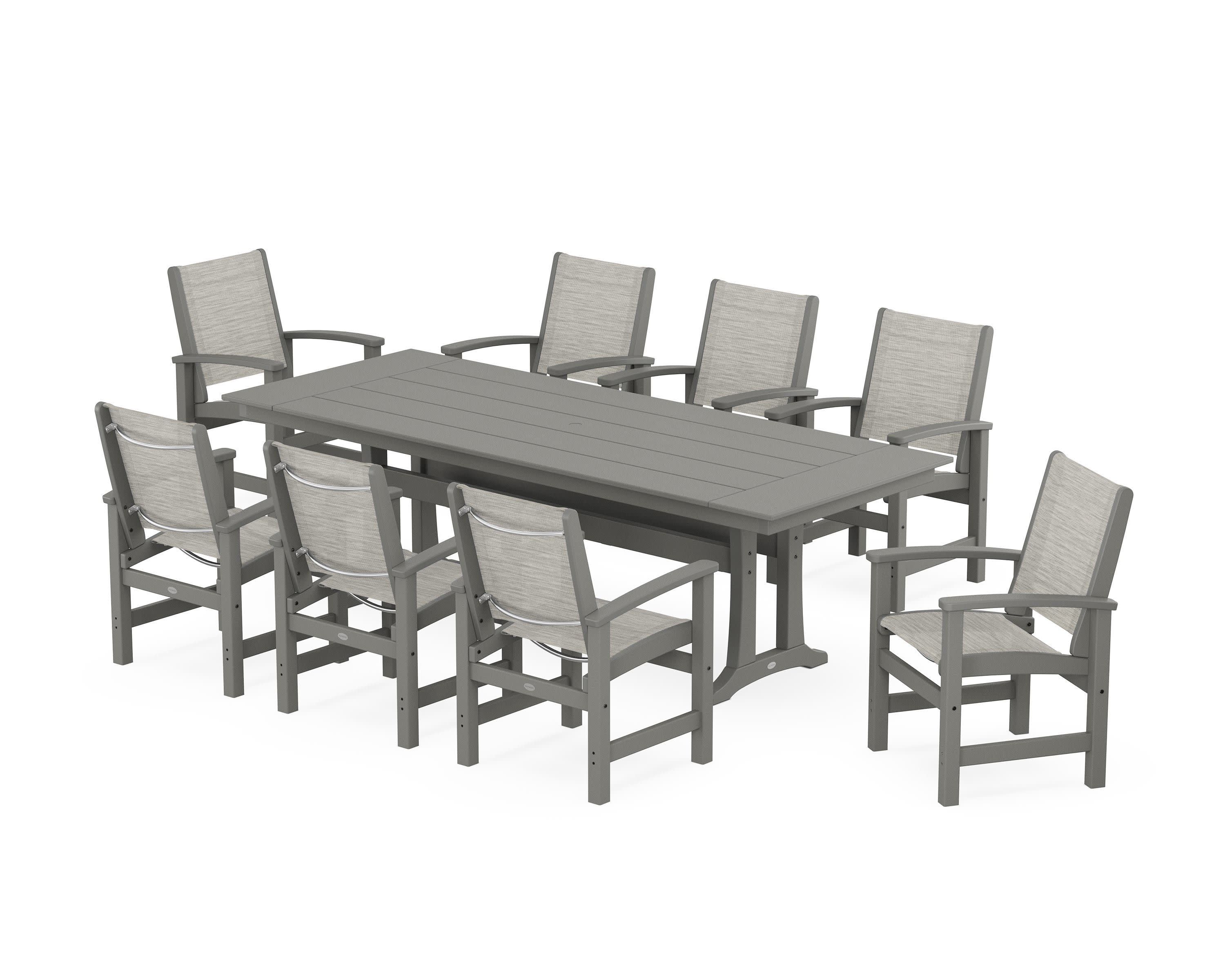 Coastal 9-Piece Farmhouse Dining Set with Trestle Legs in Slate Grey / Birch Sling