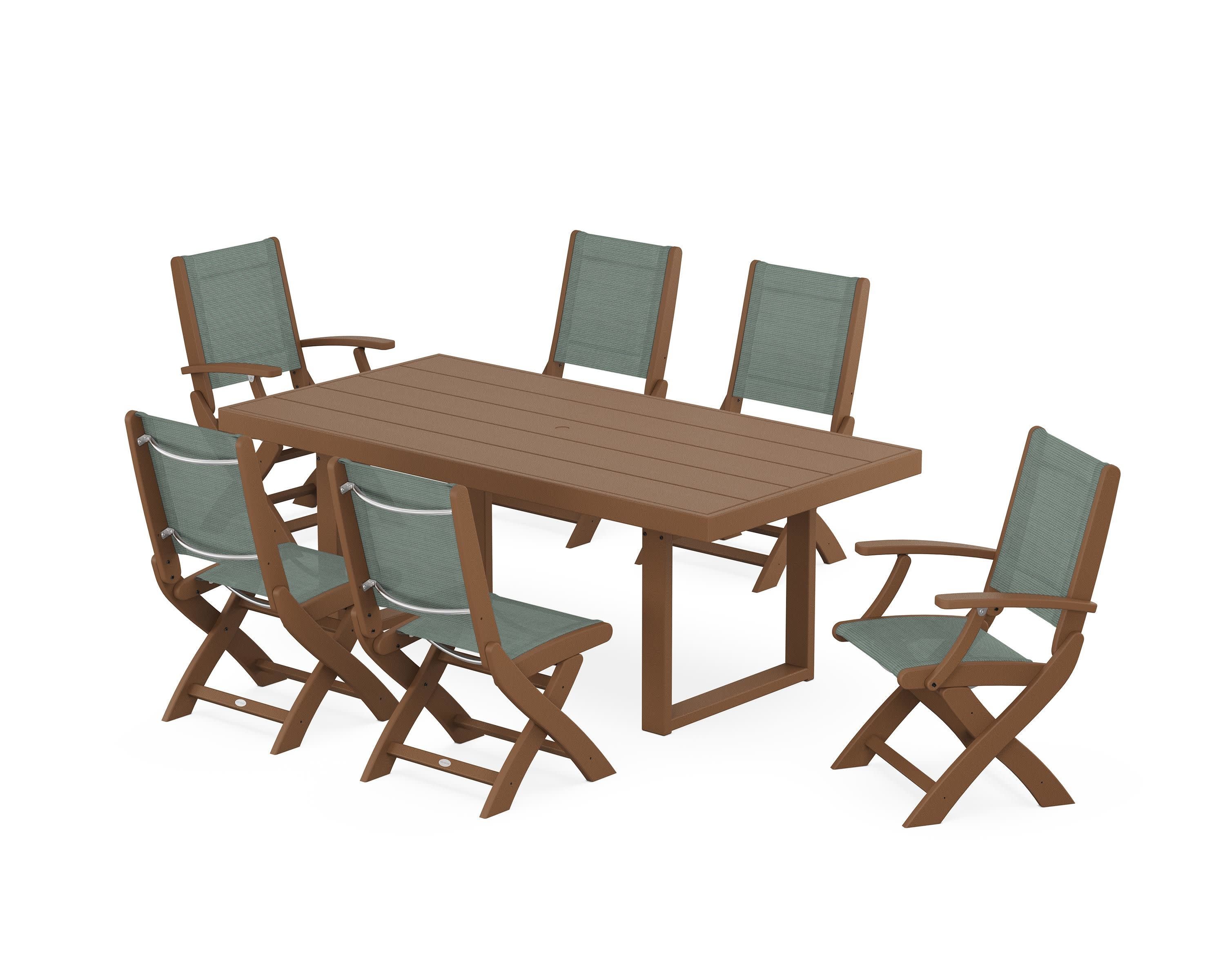 Coastal Folding Chair 7-Piece Dining Set with Trestle Legs in Teak / Dupioni Sea Mist Sling