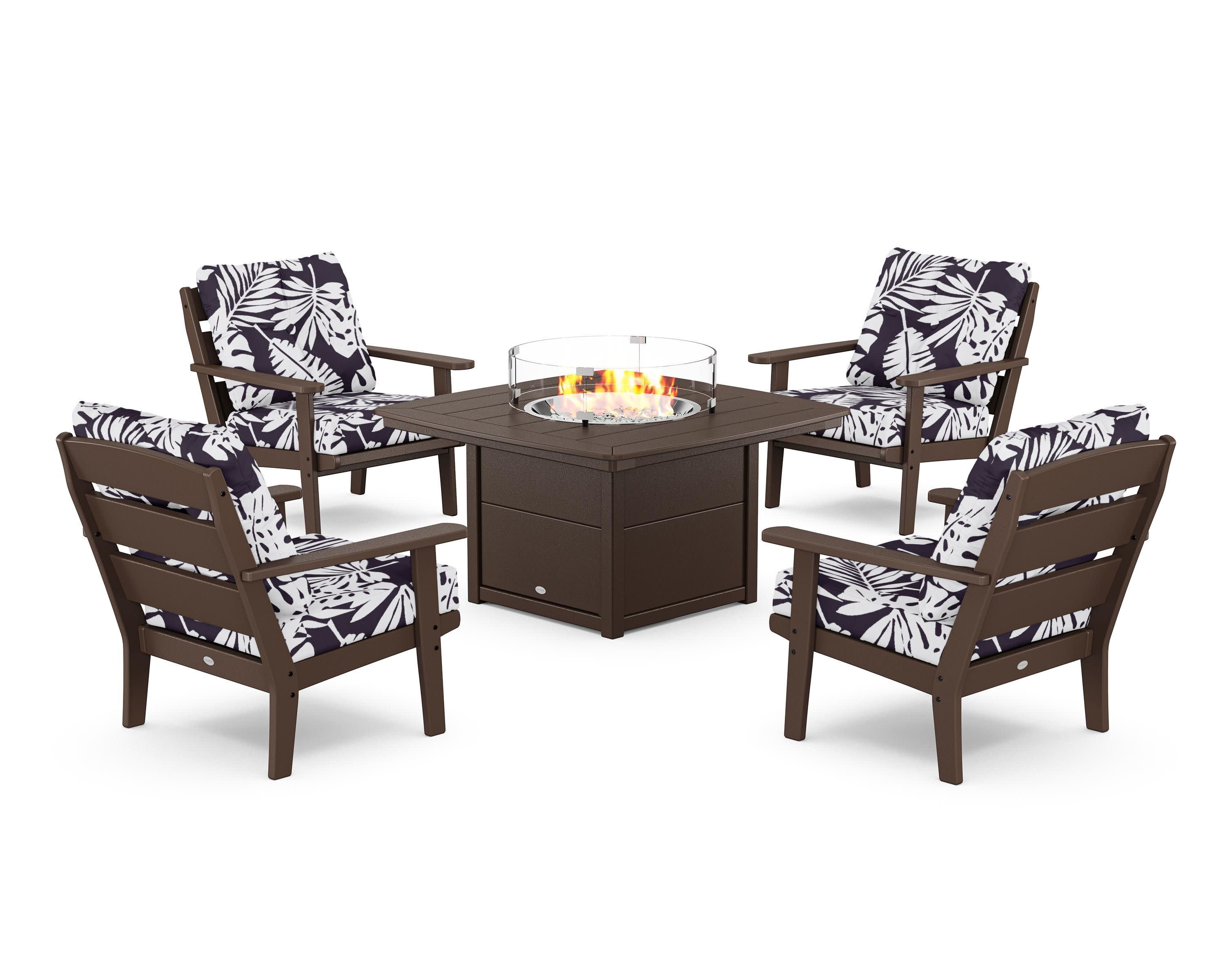 Lakeside 5-Piece Deep Seating Set with Nautical Fire Pit Table in Mahogany / Leaf Navy
