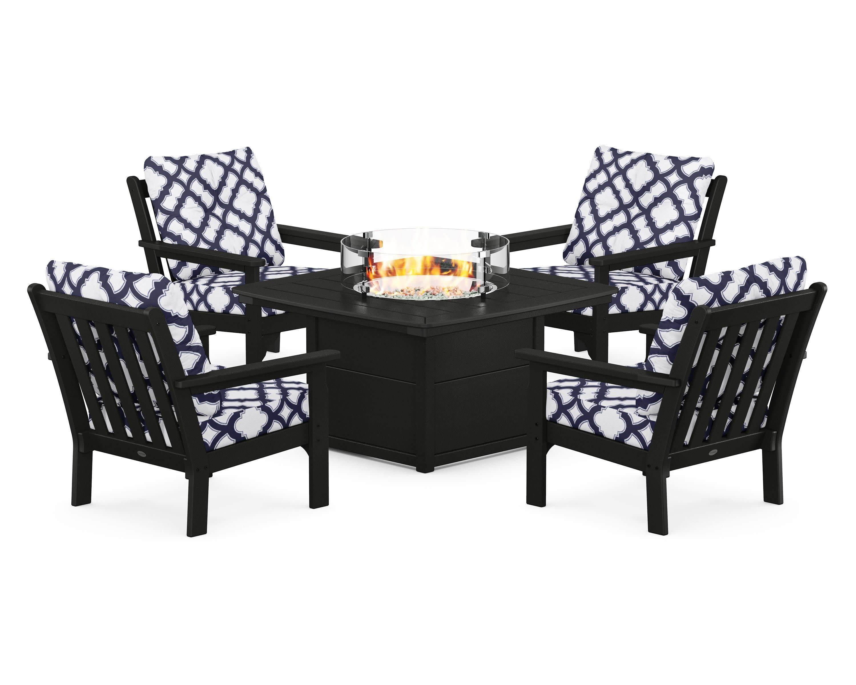 Vineyard 5-Piece Conversation Set with Fire Pit Table in Black / Trellis Navy