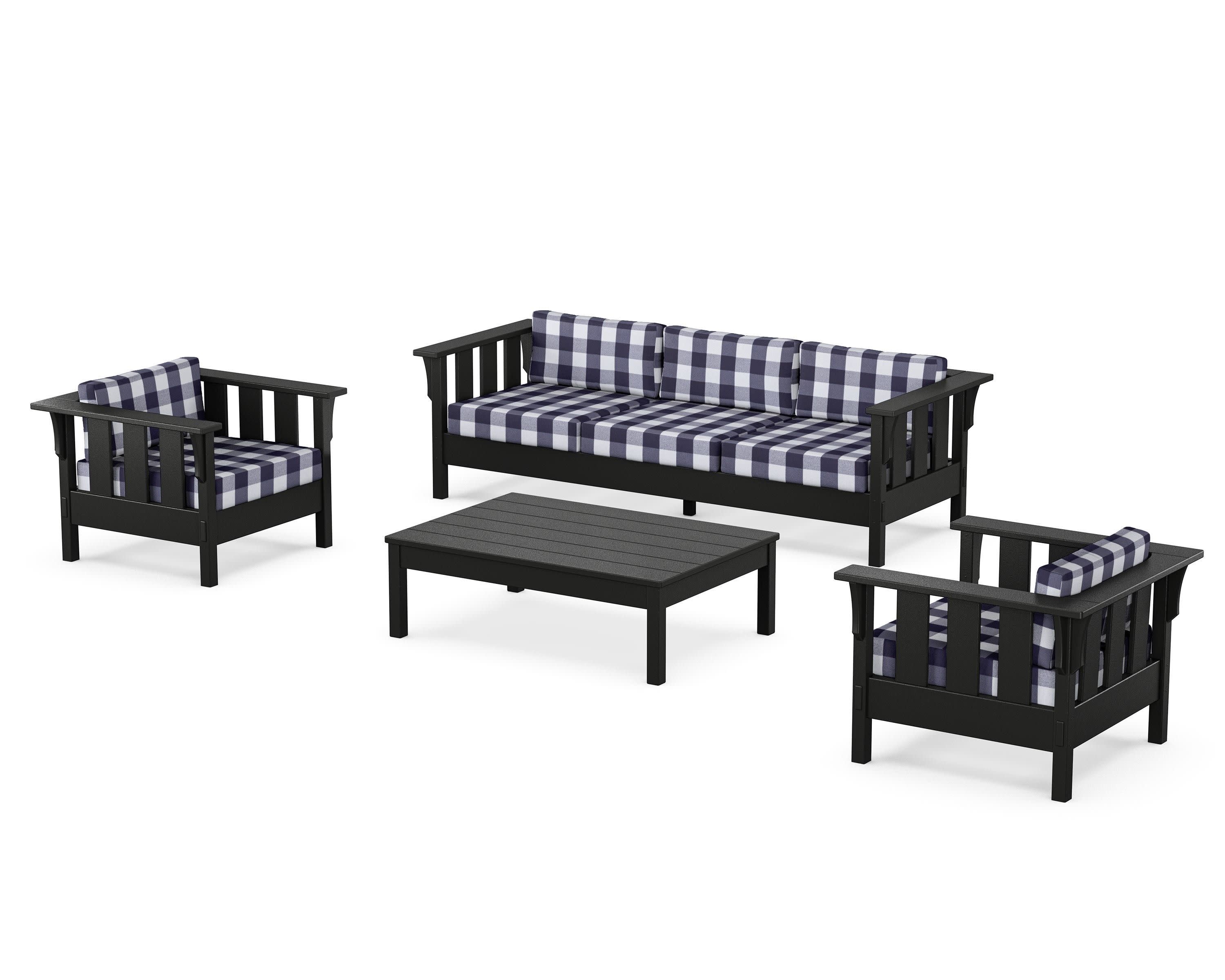 Acadia 4-Piece Deep Seating Set with Sofa in Black / Buffalo Plaid Navy