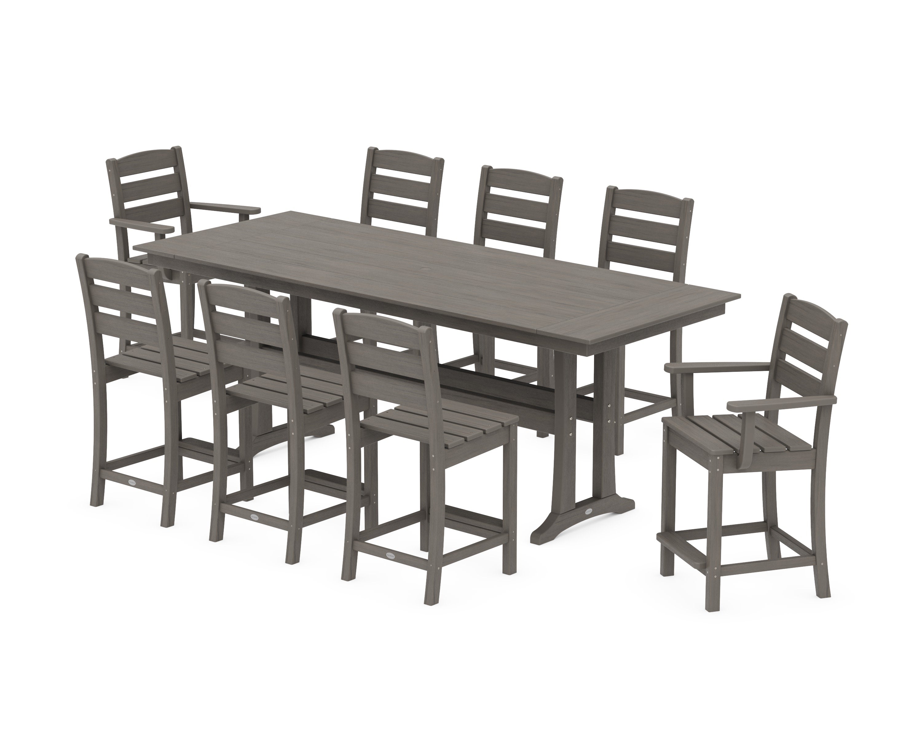 Lakeside 9-Piece Farmhouse Counter Set with Trestle Legs in Driftwood