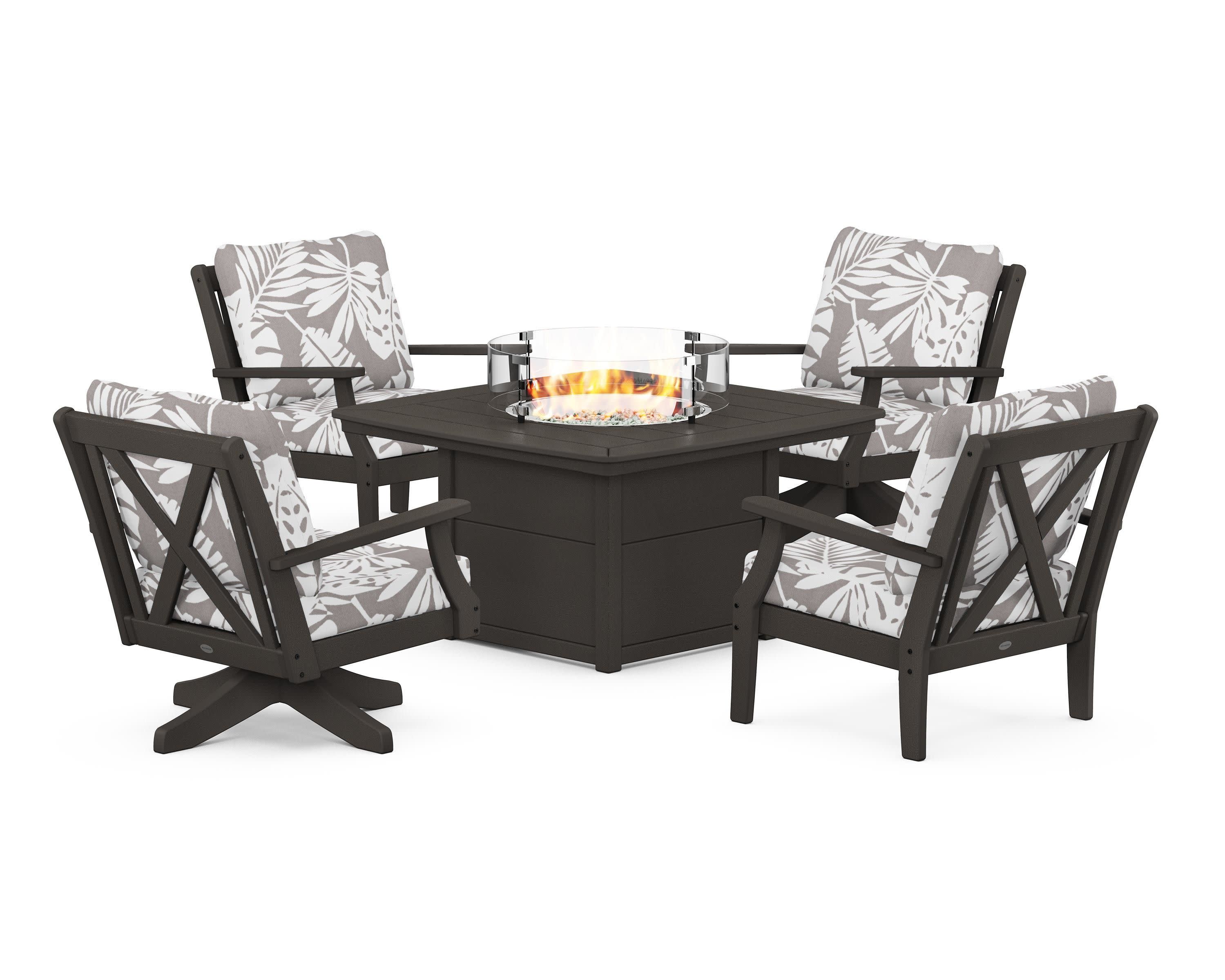 Braxton 5-Piece Deep Seating Set with Fire Table in Vintage Coffee / Leaf Grey Mist