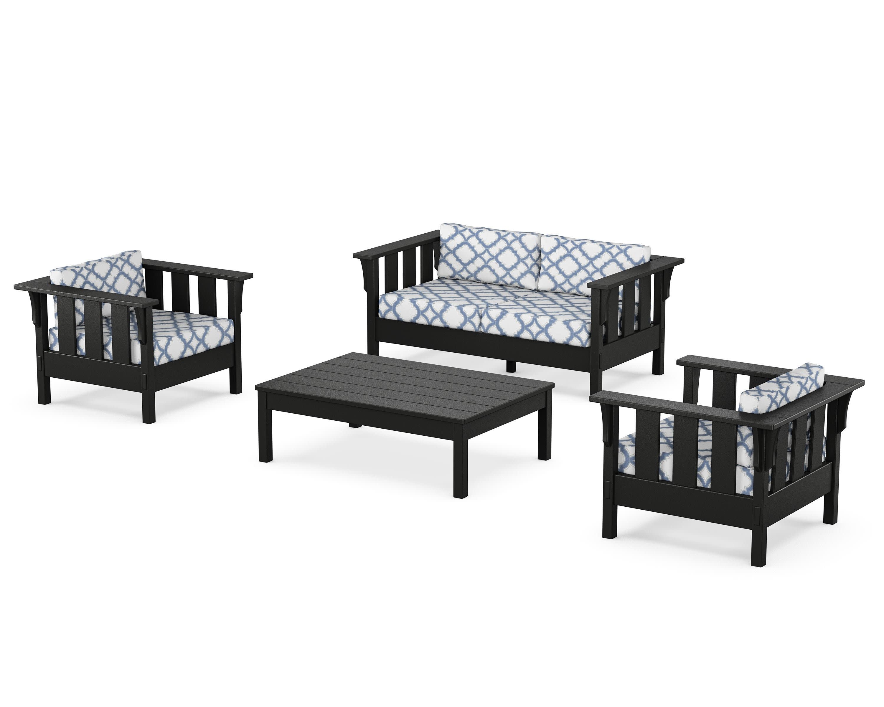 Acadia 4-Piece Deep Seating Set with Loveseat in Black / Trellis Sky Blue