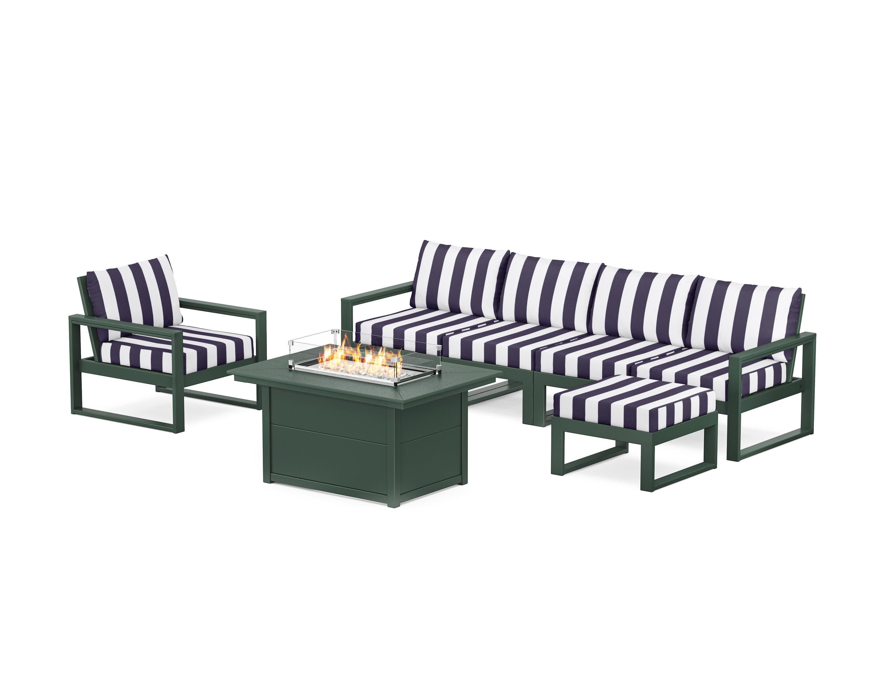 EDGE Sectional Lounge and Fire Pit Set in Green / Cabana Stripe Navy