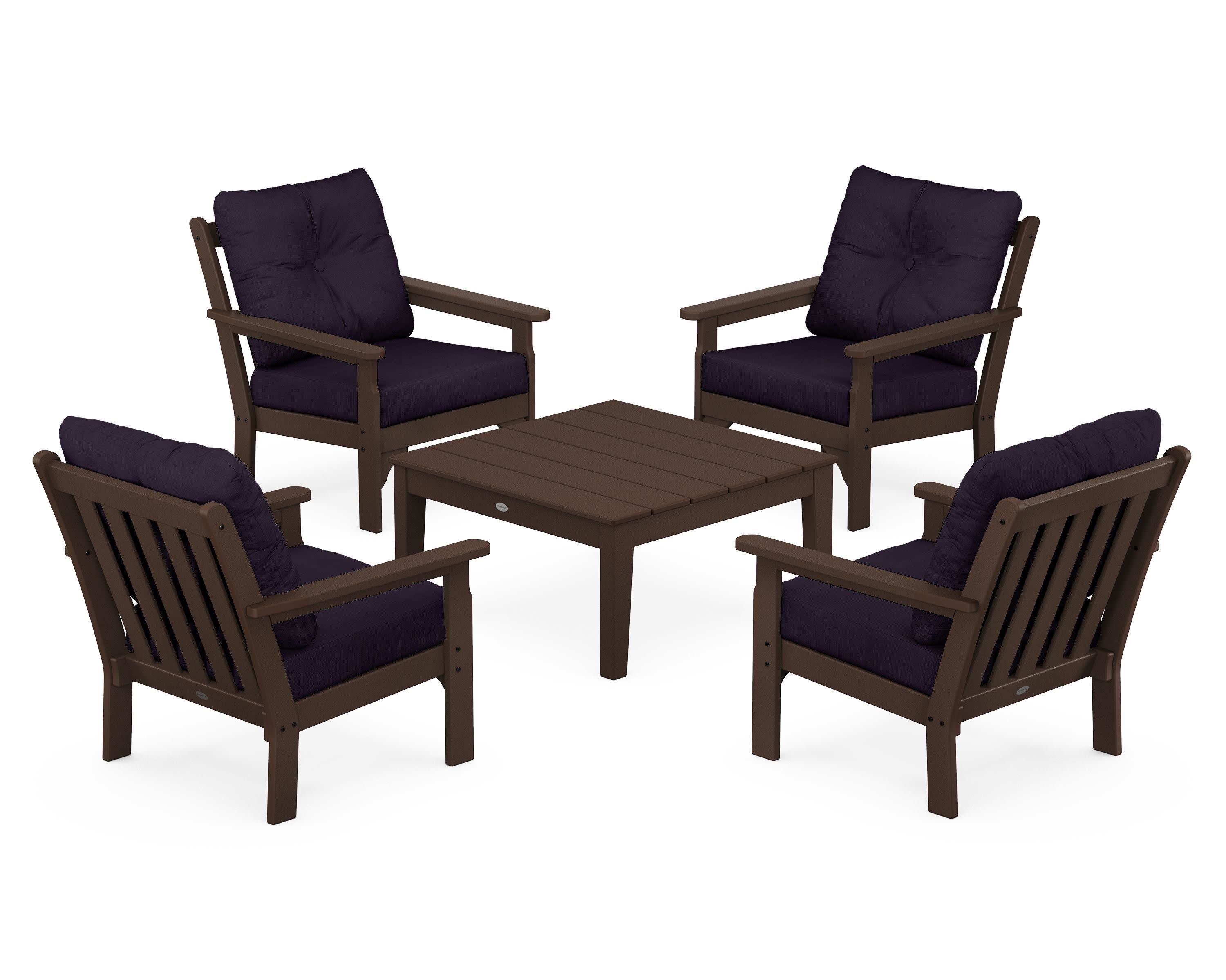 Vineyard 5-Piece Deep Seating Conversation Set in Mahogany / Navy Linen