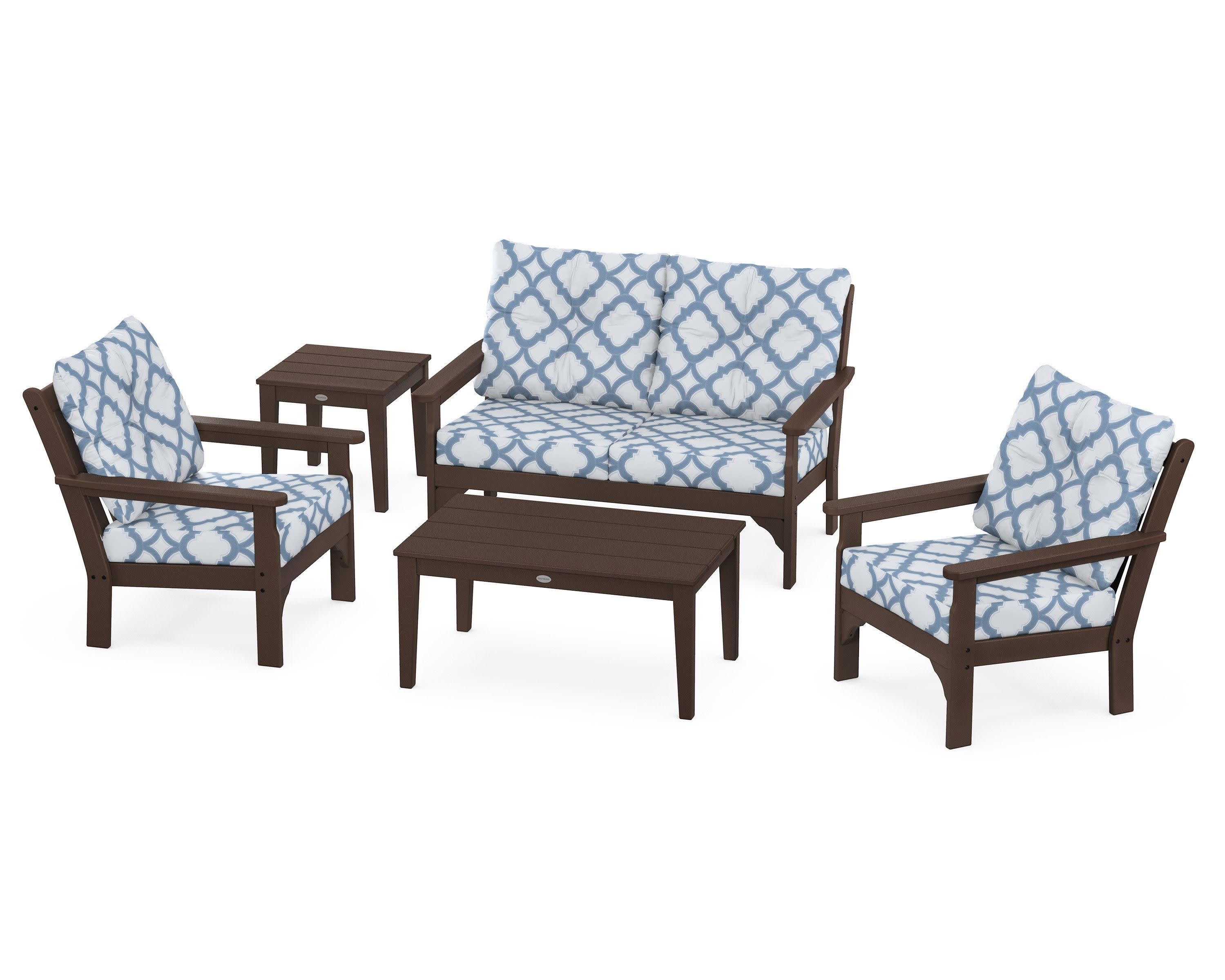Vineyard 5-Piece Deep Seating Set in Mahogany / Trellis Sky Blue