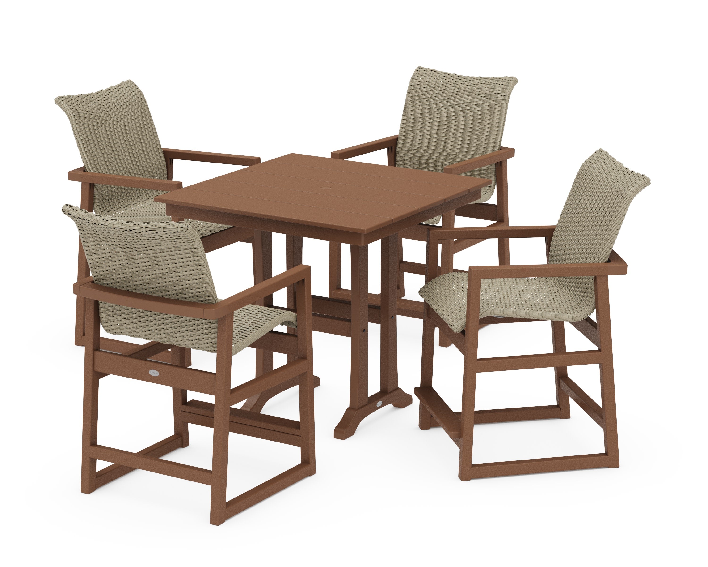 EDGE Woven 5-Piece Farmhouse Counter Set with Trestle Legs in Teak / Dune Grass