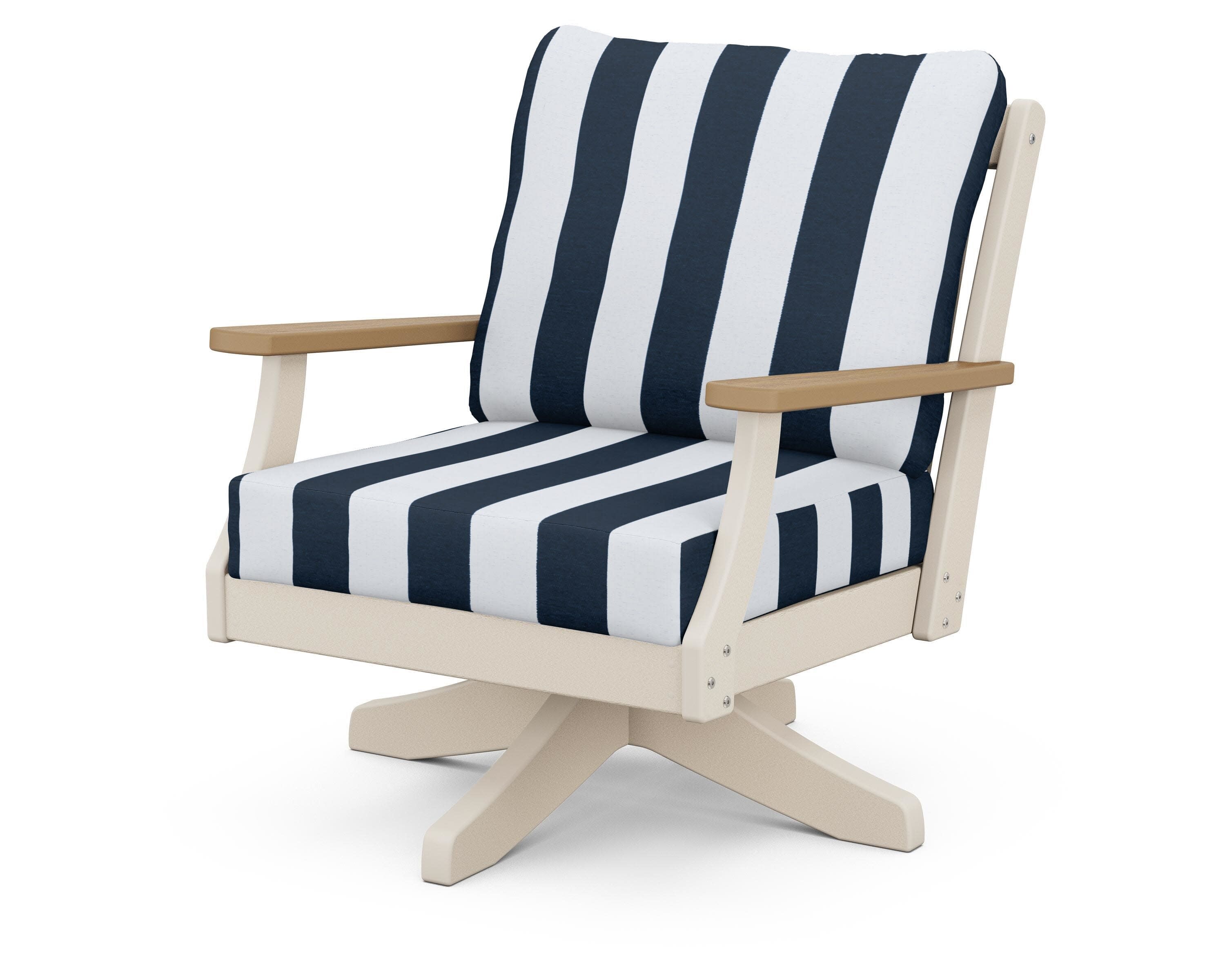 Braxton Deep Seating Swivel Chair in Sand / Natural / Cabana Stripe Marine Indigo