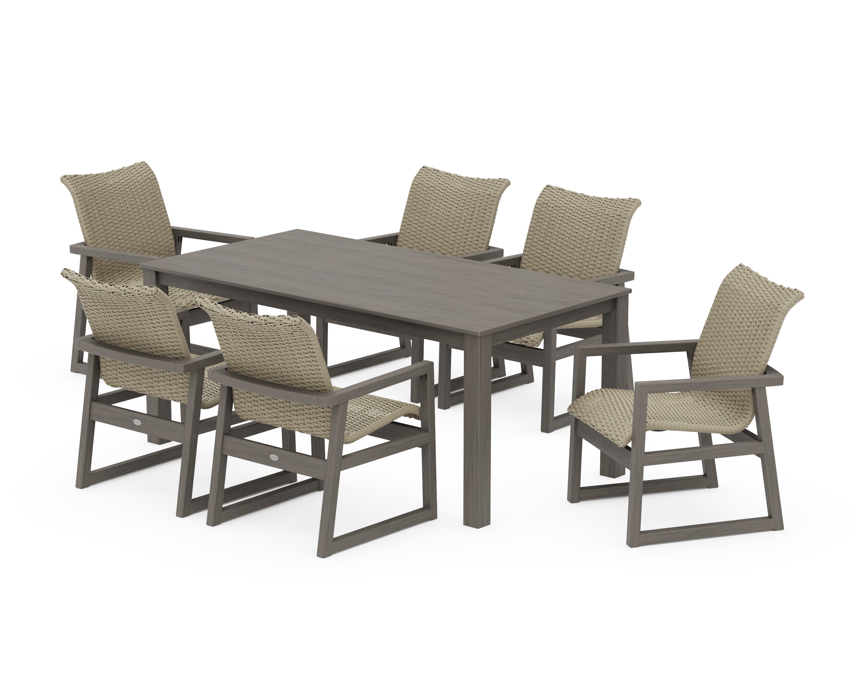 EDGE Woven Arm Chair 7-Piece Parsons Dining Set in Driftwood / Dune Grass