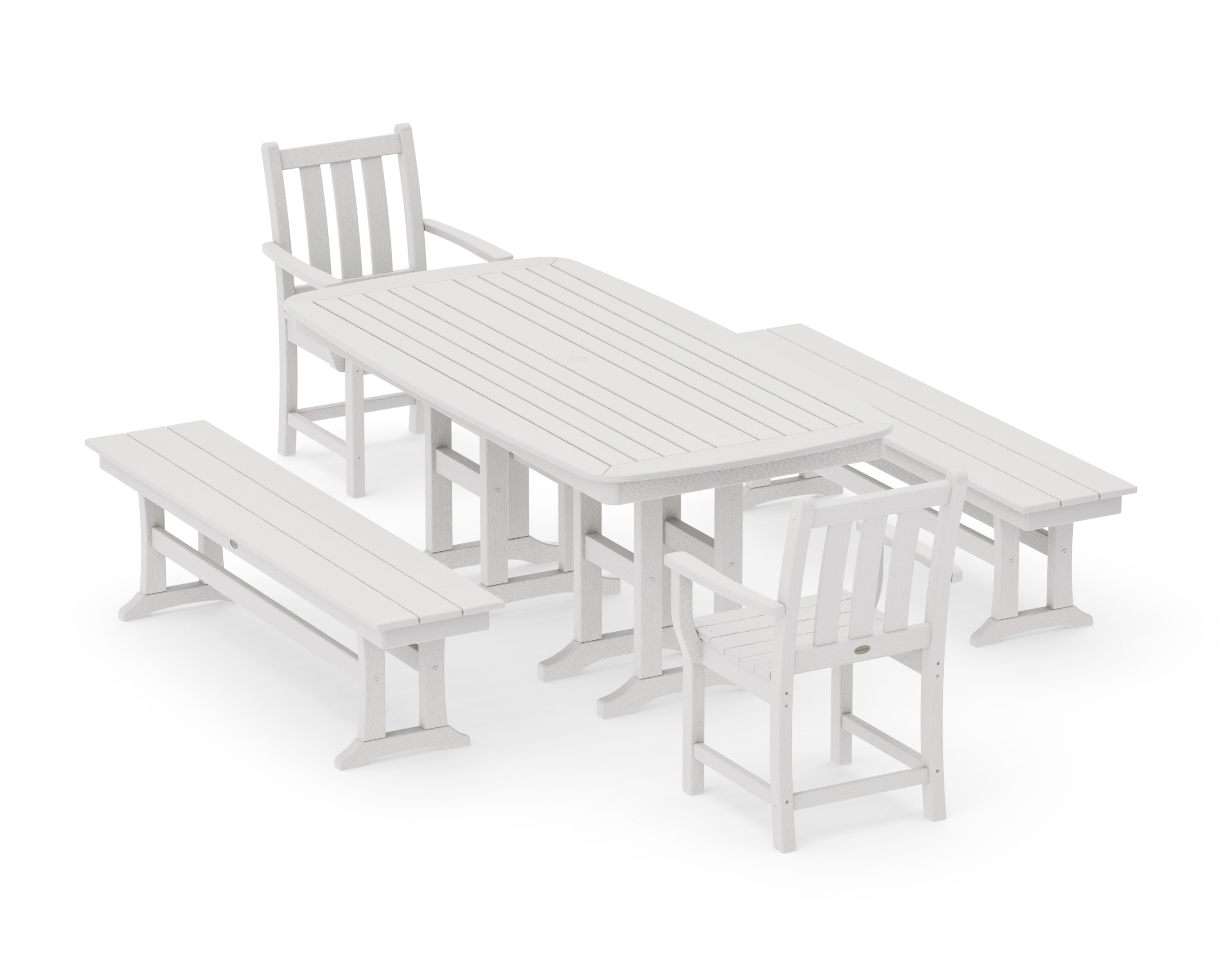 Traditional Garden 5-Piece Dining Set with Benches in Vintage White