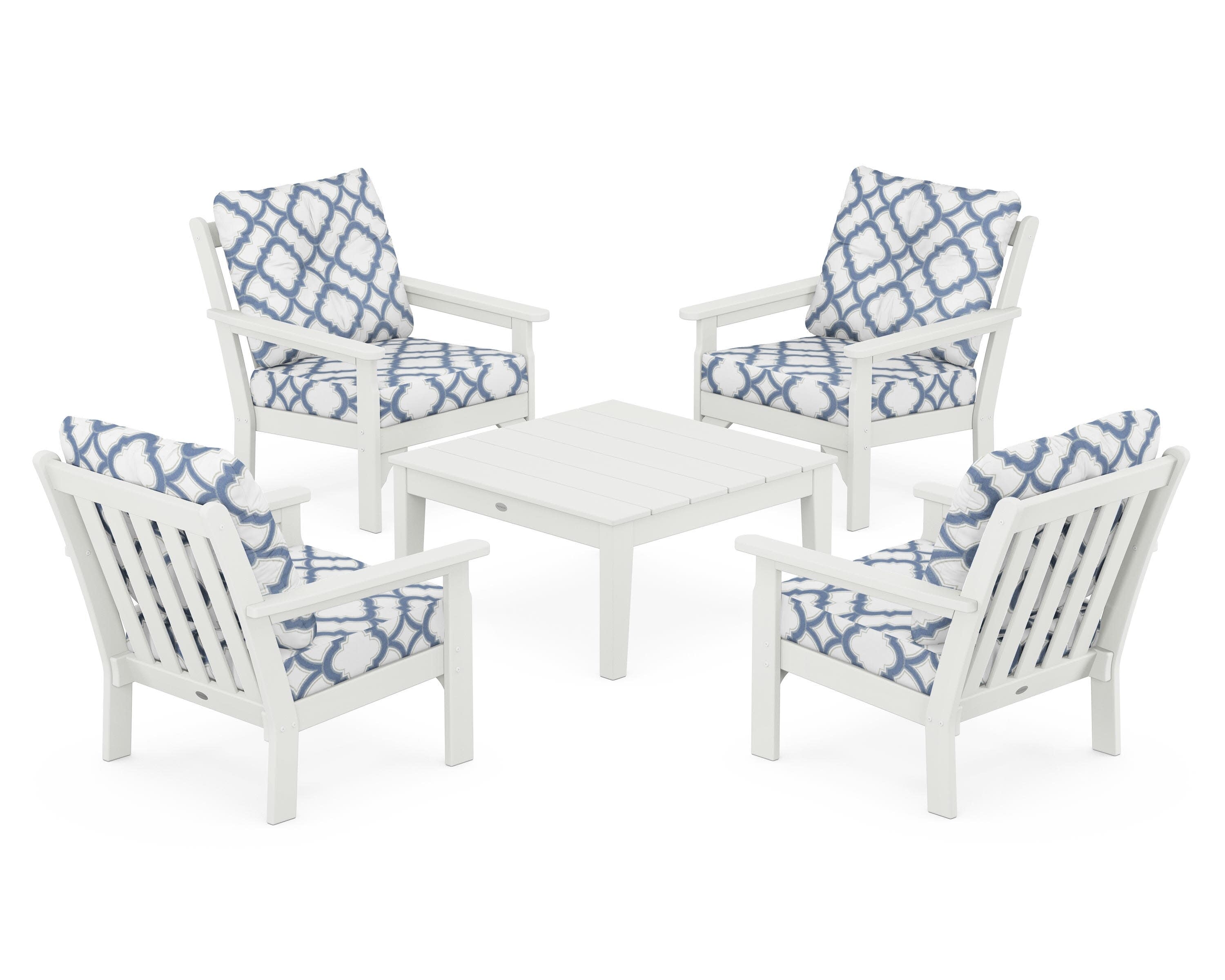 Vineyard 5-Piece Deep Seating Conversation Set in Vintage White / Trellis Sky Blue