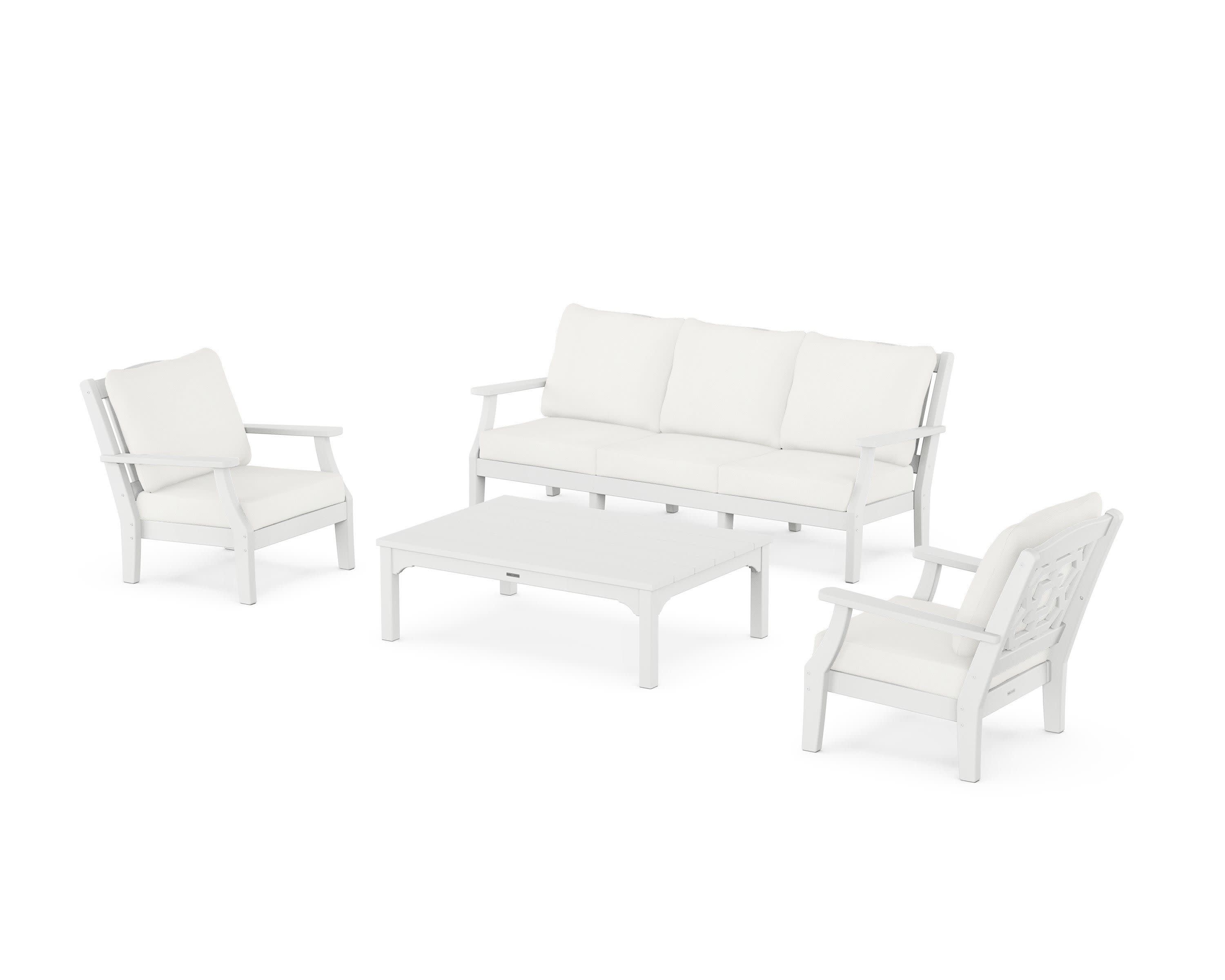 Chinoiserie 4-Piece Deep Seating Set with Sofa in White / Natural Linen