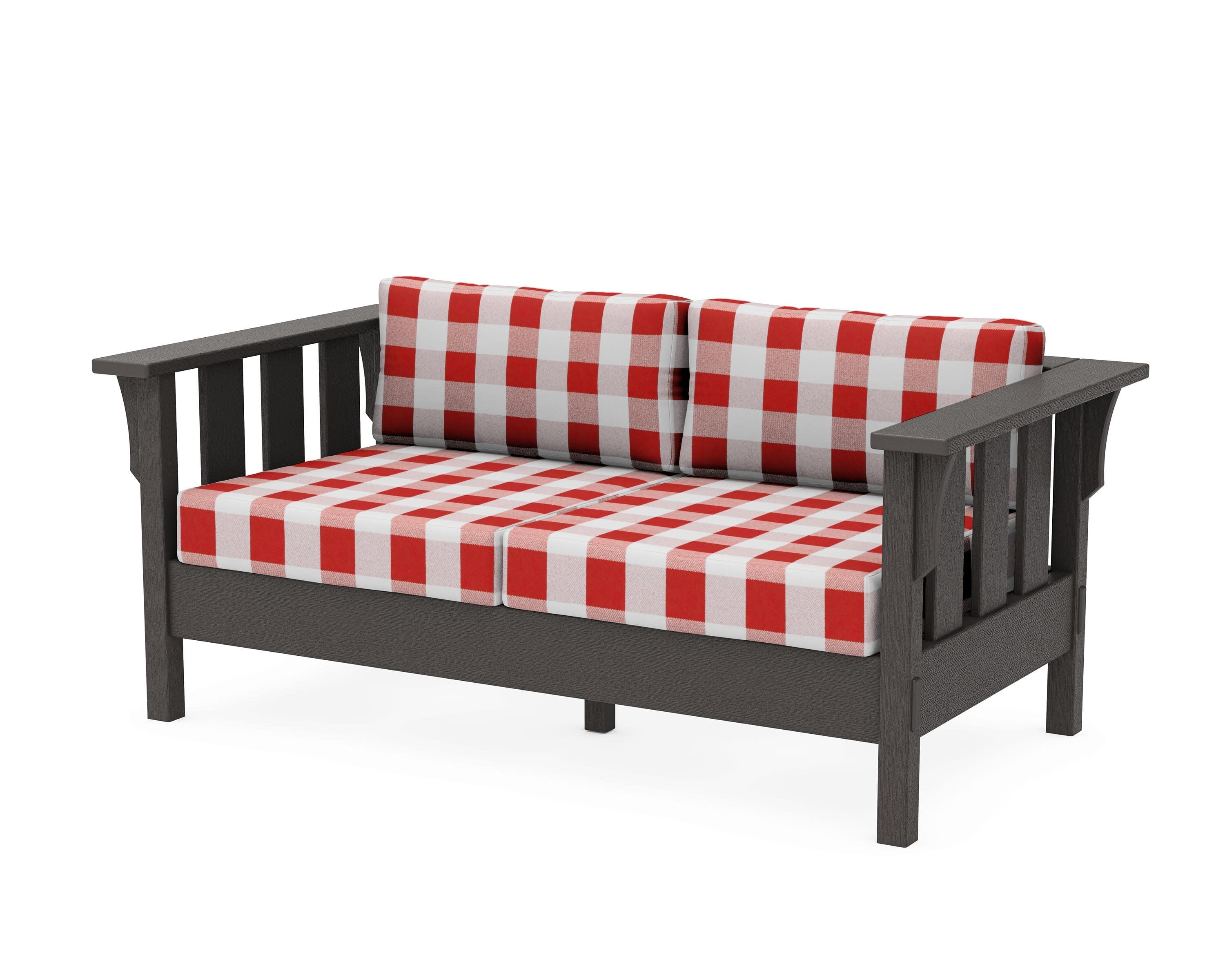 Acadia Deep Seating Loveseat in Vintage Coffee / Buffalo Plaid Crimson