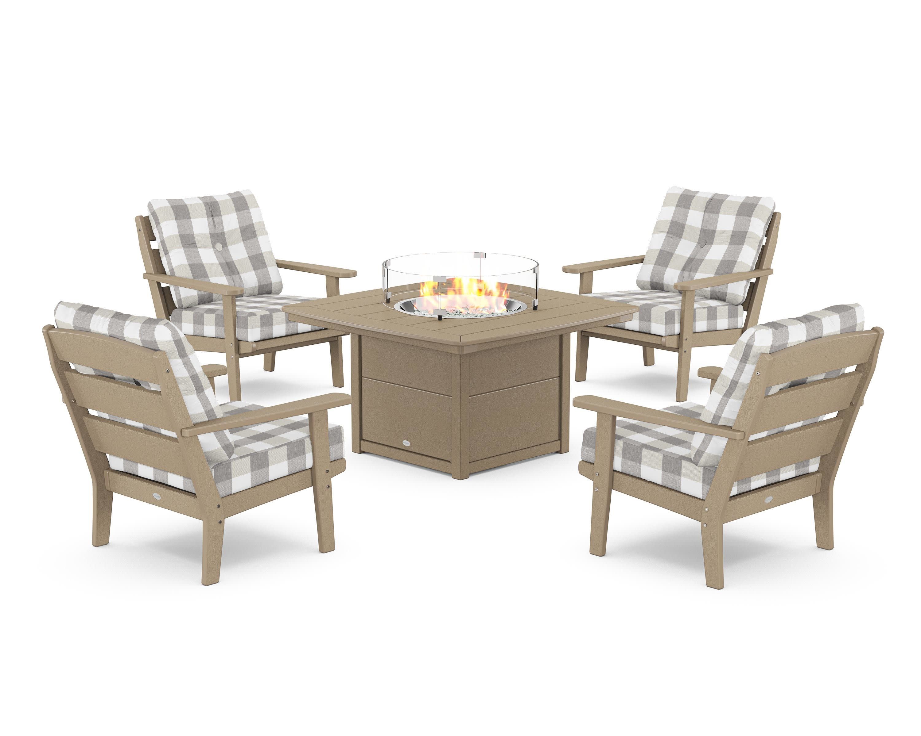 Lakeside 5-Piece Deep Seating Set with Nautical Fire Pit Table in Vintage Sahara / Buffalo Plaid Grey Mist