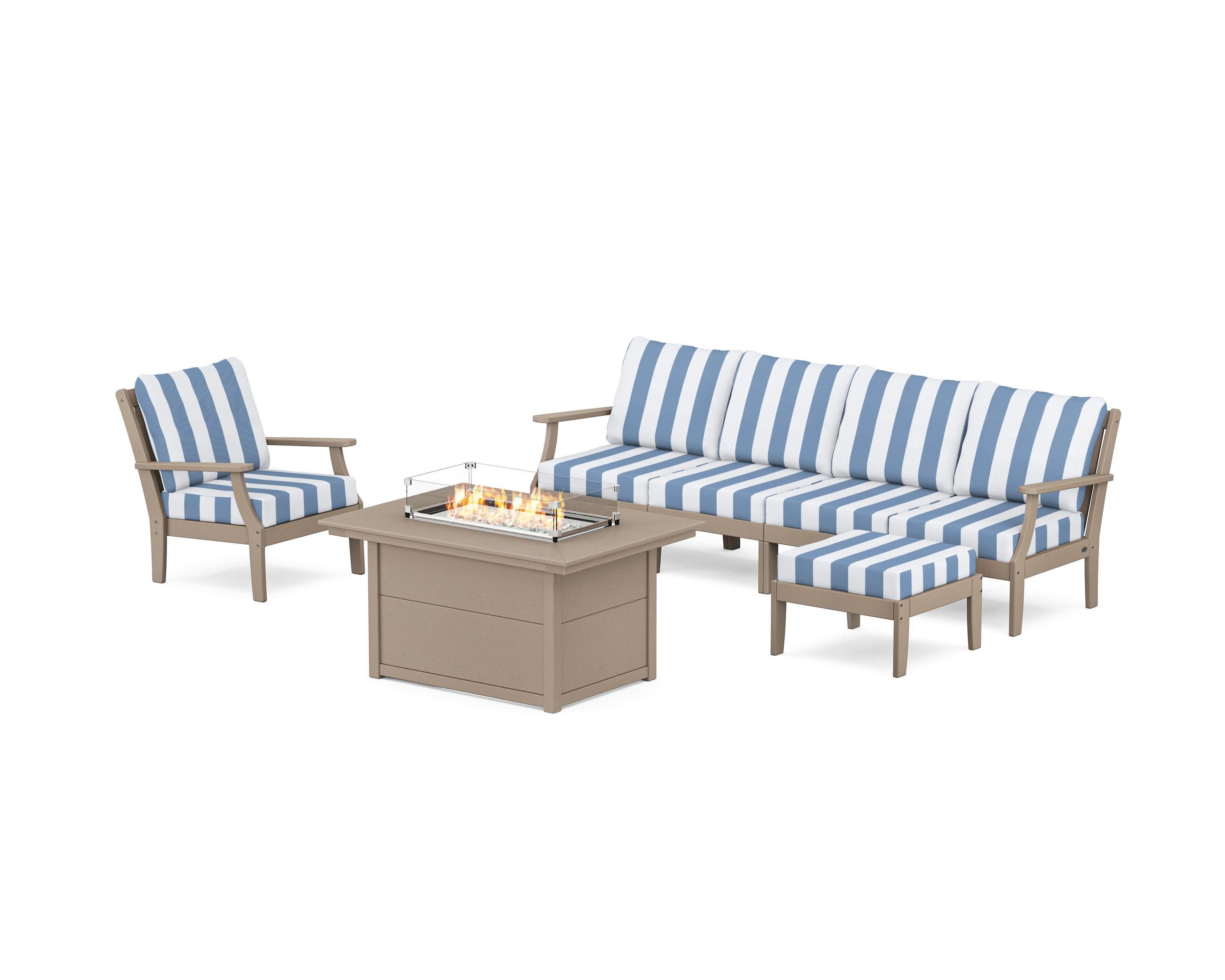 Braxton Sectional Lounge and Fire Pit Set in Vintage Sahara / Cabana Stripe Sky Blue