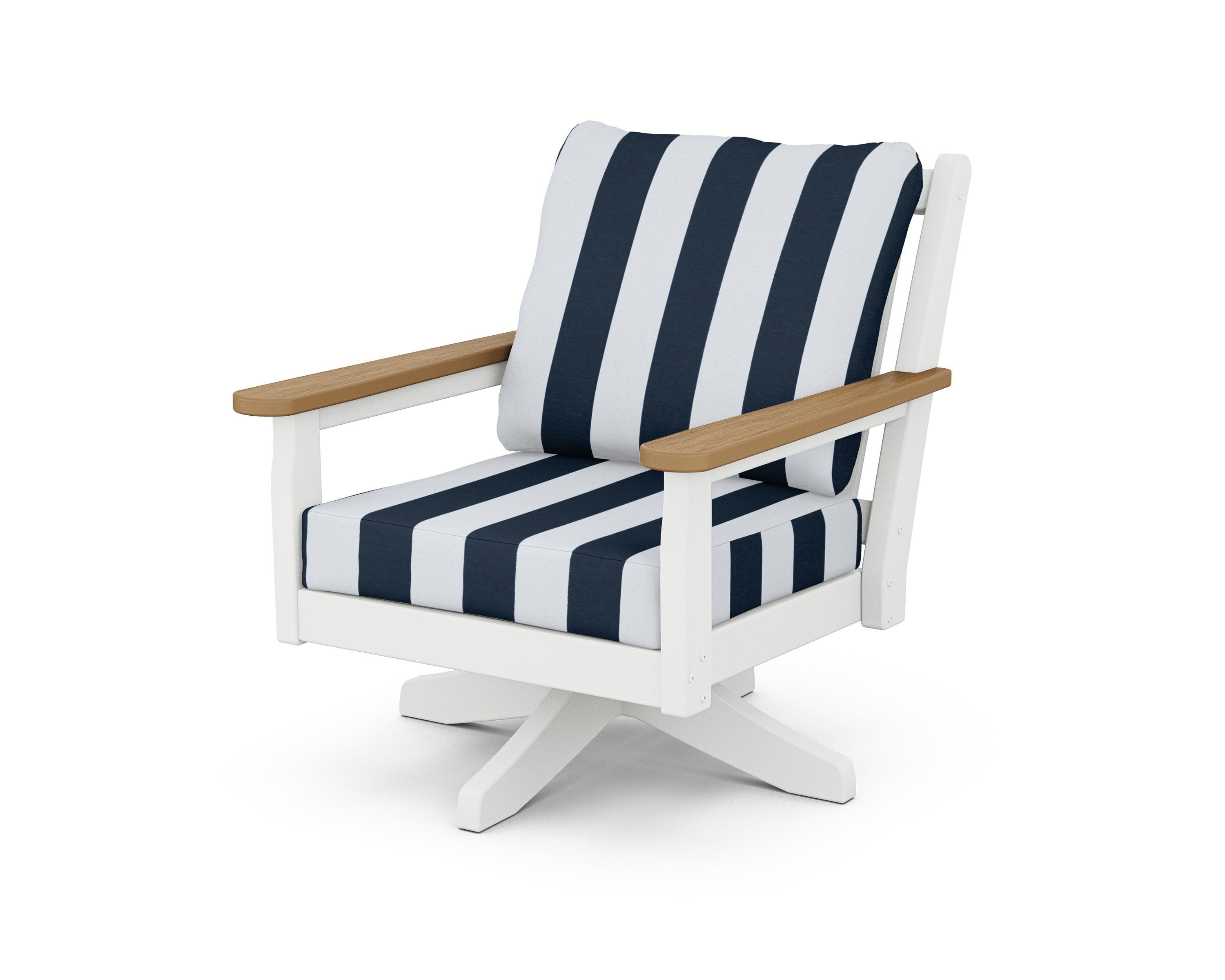 Chippendale Deep Seating Swivel Chair in White / Natural / Cabana Stripe Marine Indigo