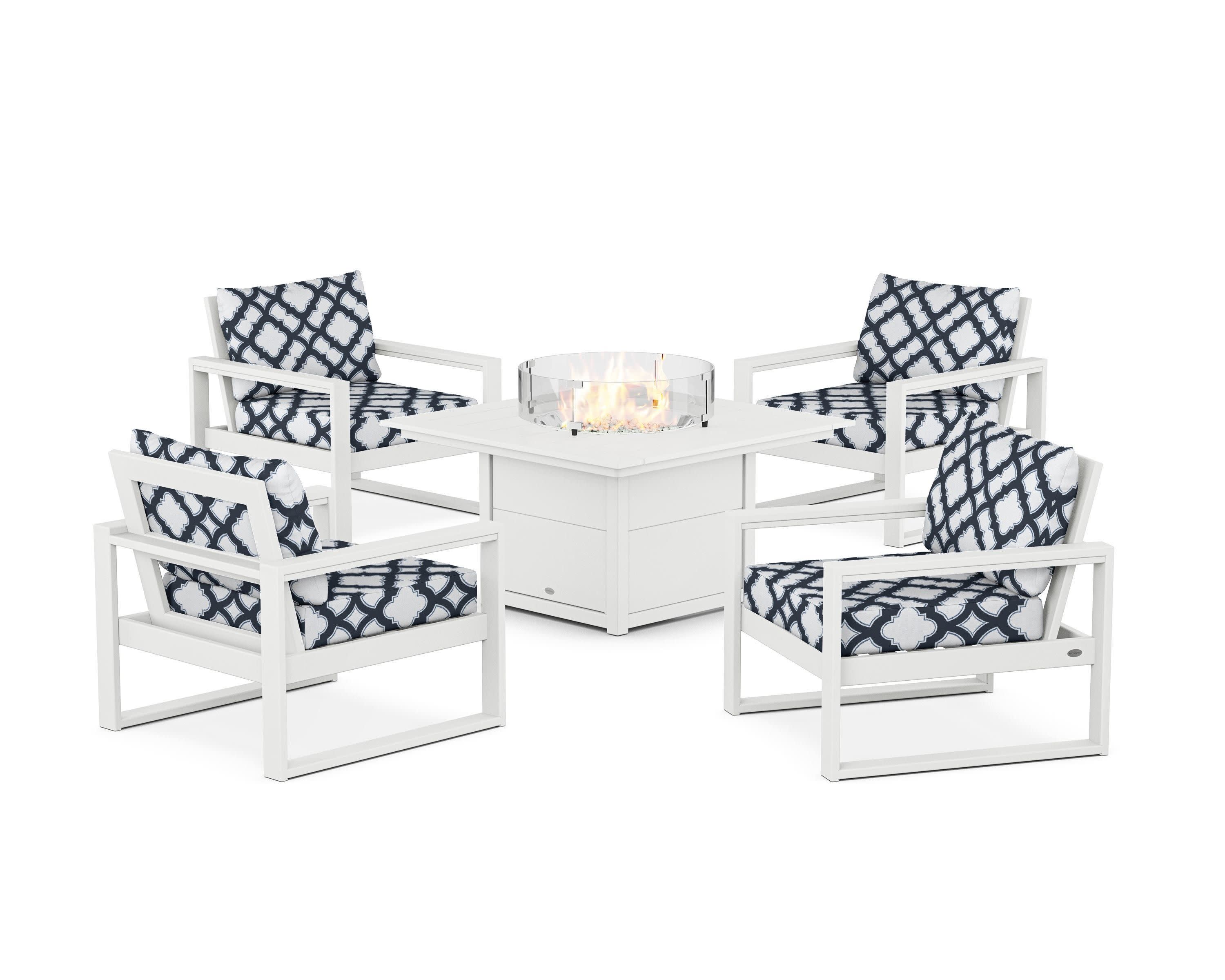 EDGE Sectional 5-Piece Deep Seating Set with Fire Pit Table in White / Trellis Marine Indigo
