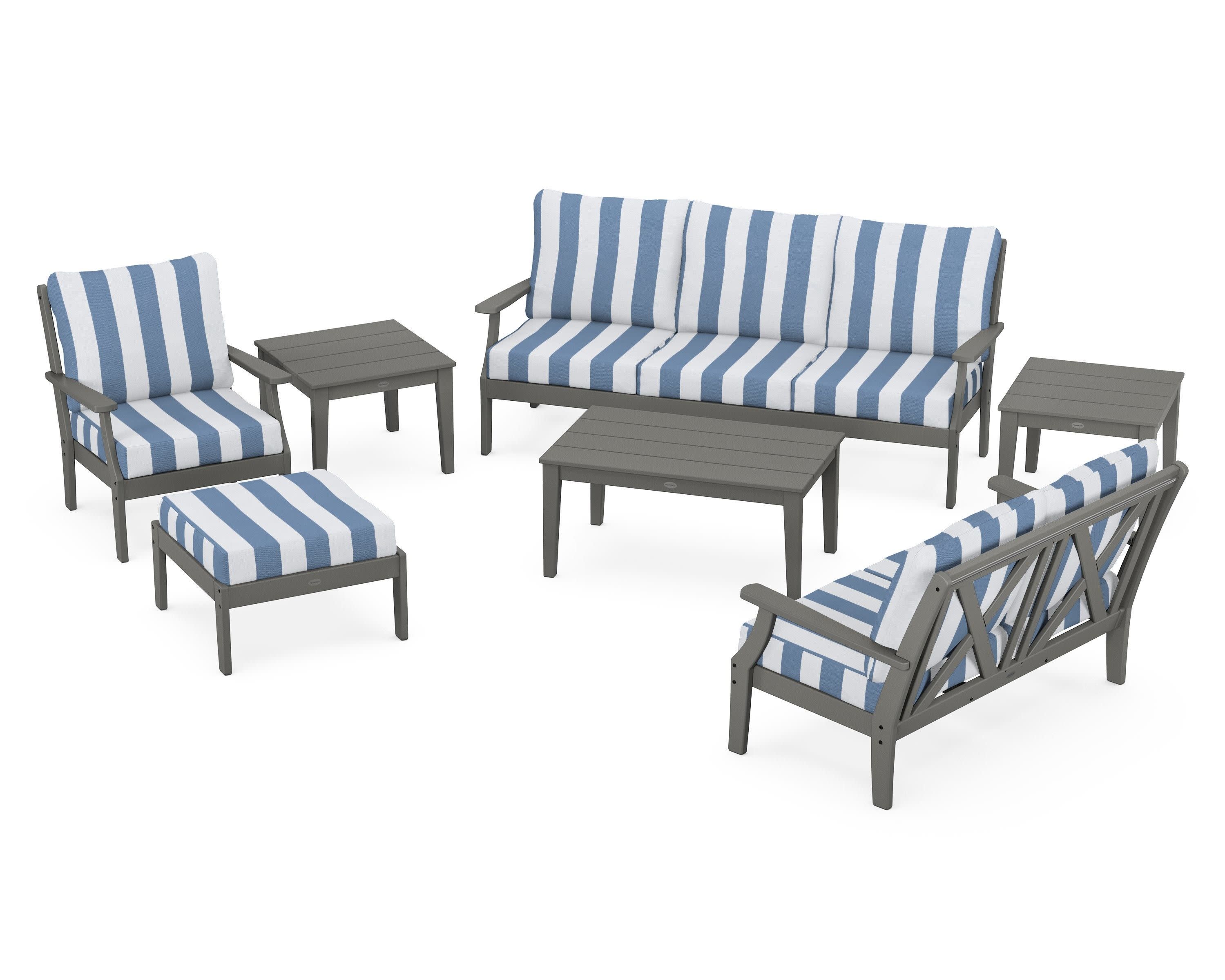 Braxton 7-Piece Deep Seating Set in Slate Grey / Cabana Stripe Sky Blue