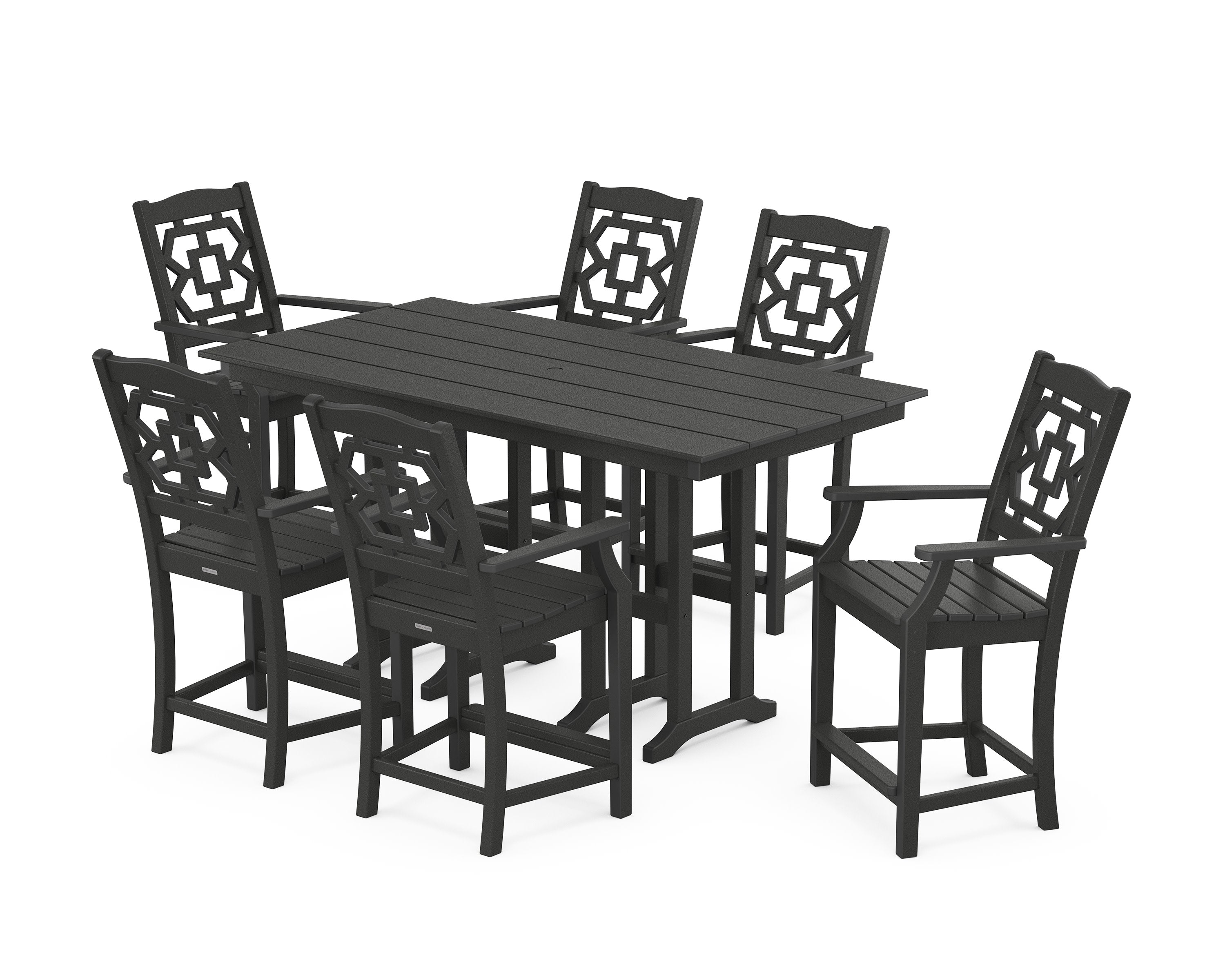 Chinoiserie Arm Chair 7-Piece Farmhouse Counter Set in Black