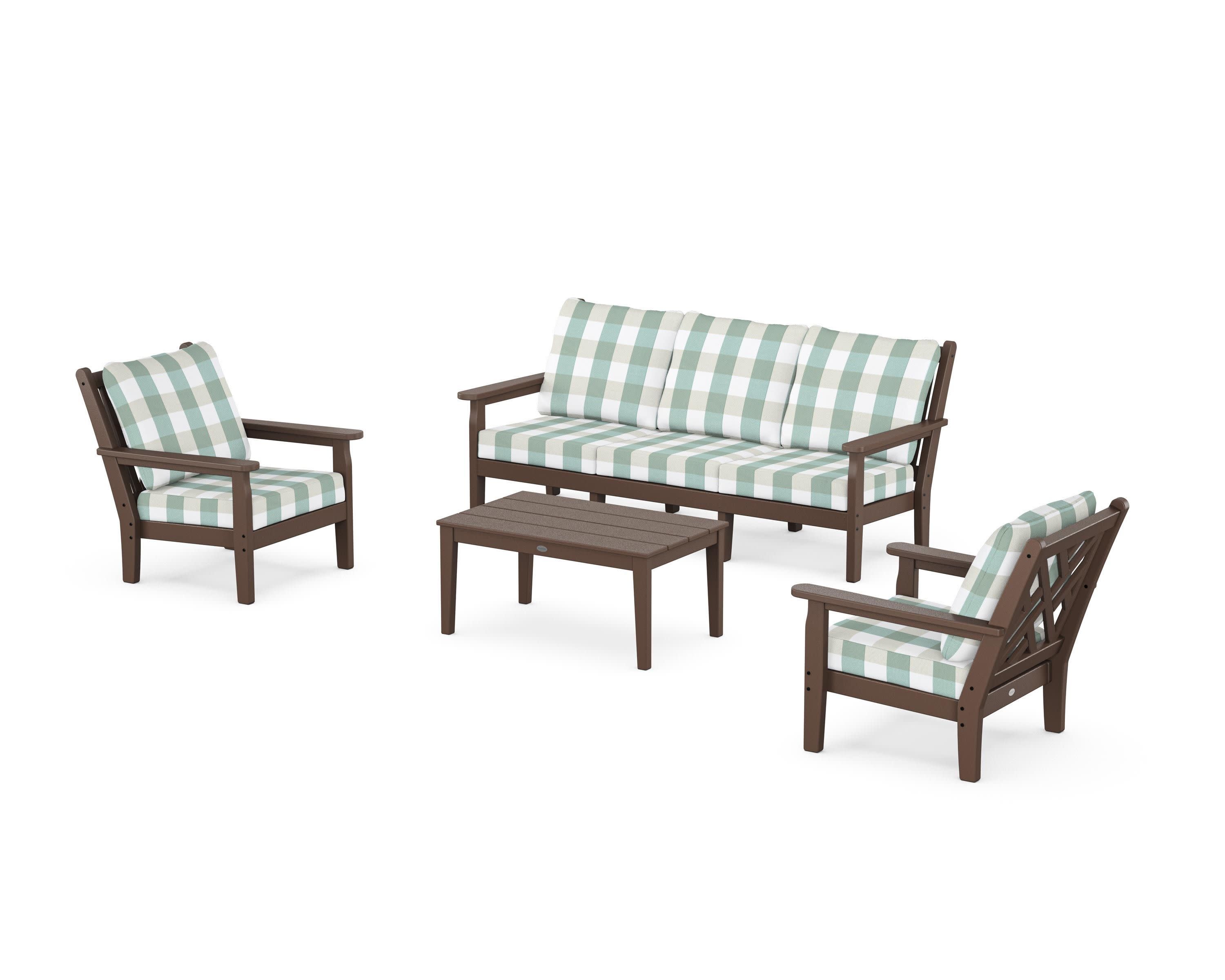 Chippendale 4-Piece Deep Seating Set with Sofa in Mahogany / Buffalo Plaid Glacier Spa