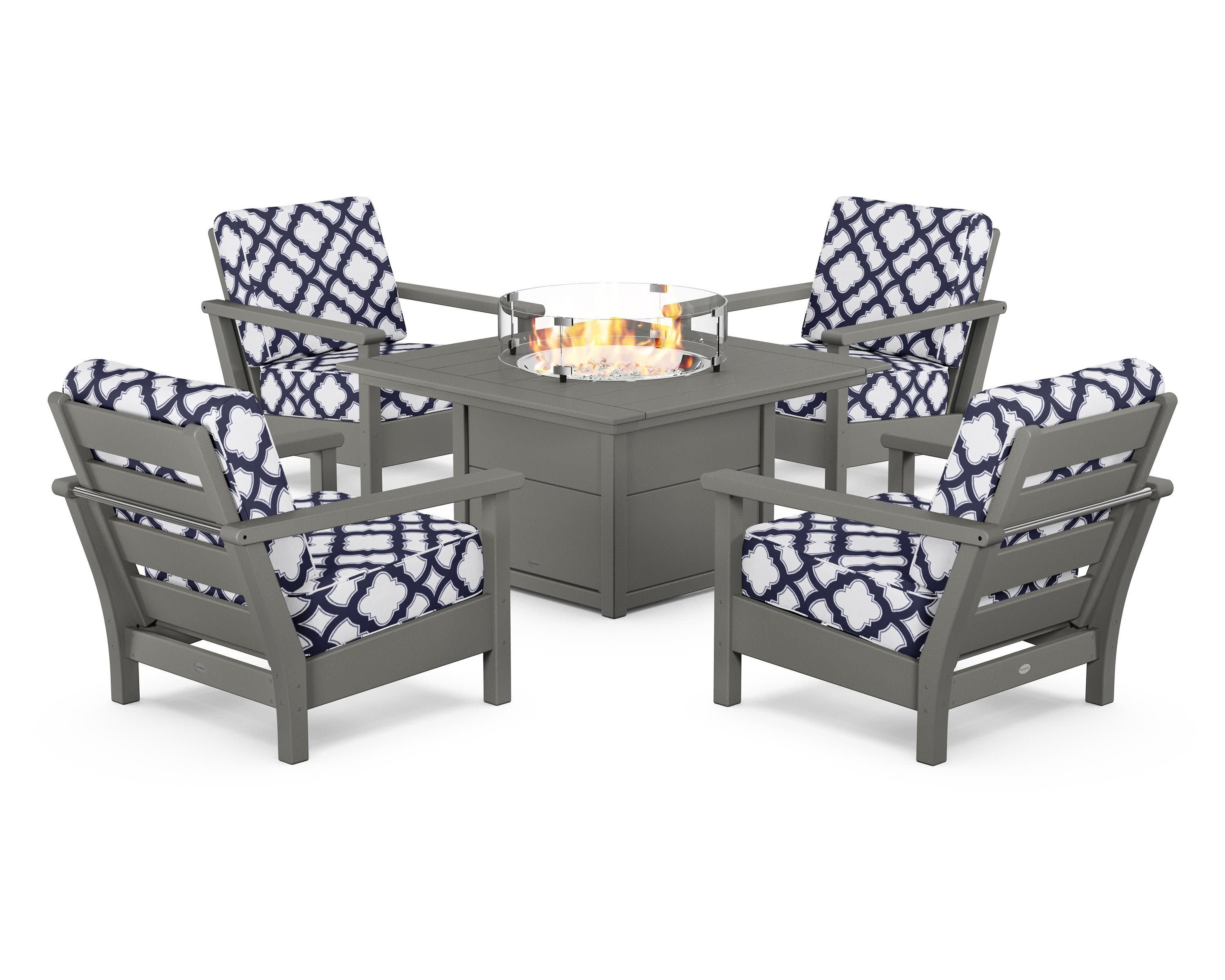 Harbour 5-Piece Conversation Set with Fire Pit Table in Slate Grey / Trellis Navy