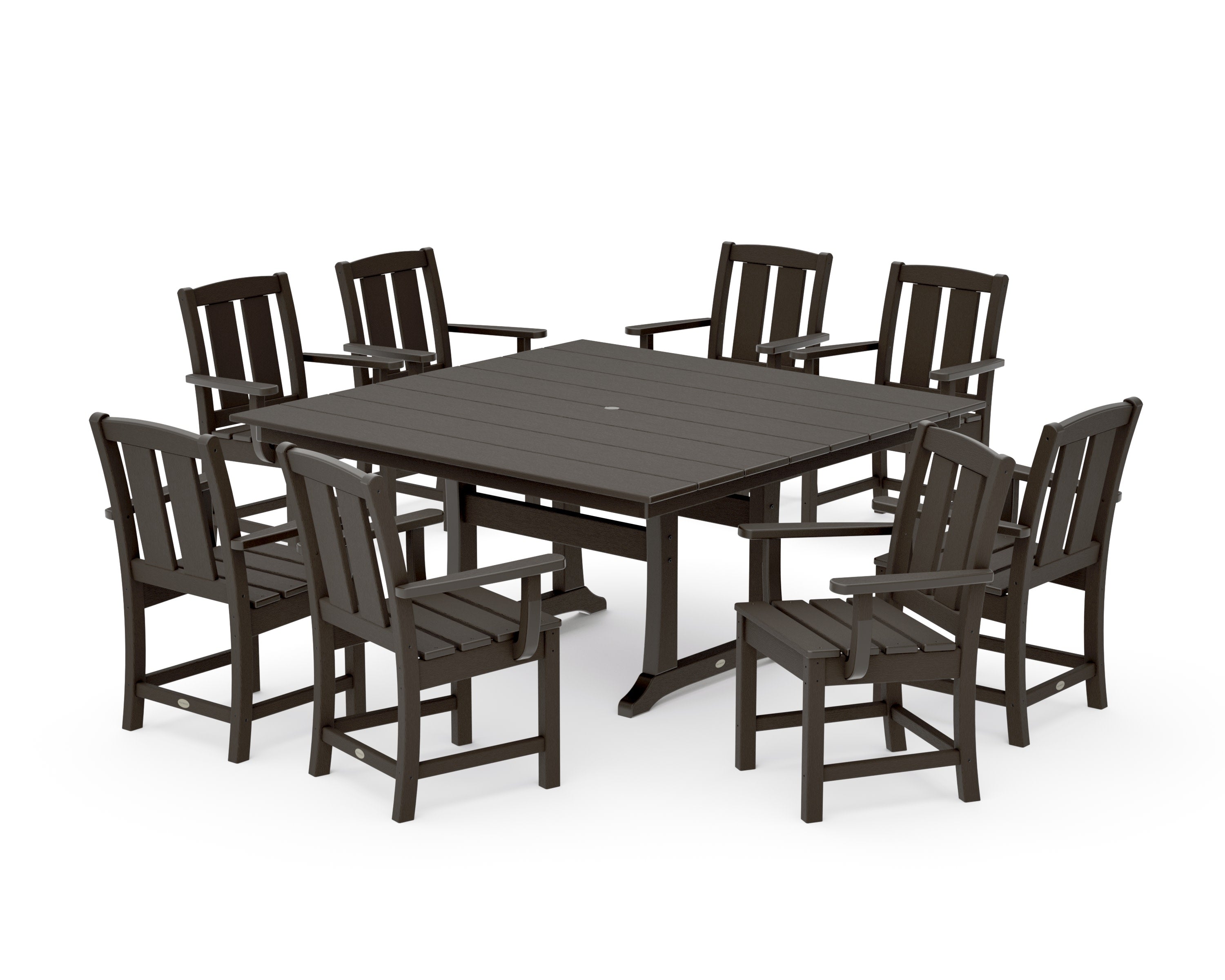 Mission 9-Piece Square Farmhouse Dining Set with Trestle Legs in Vintage Coffee