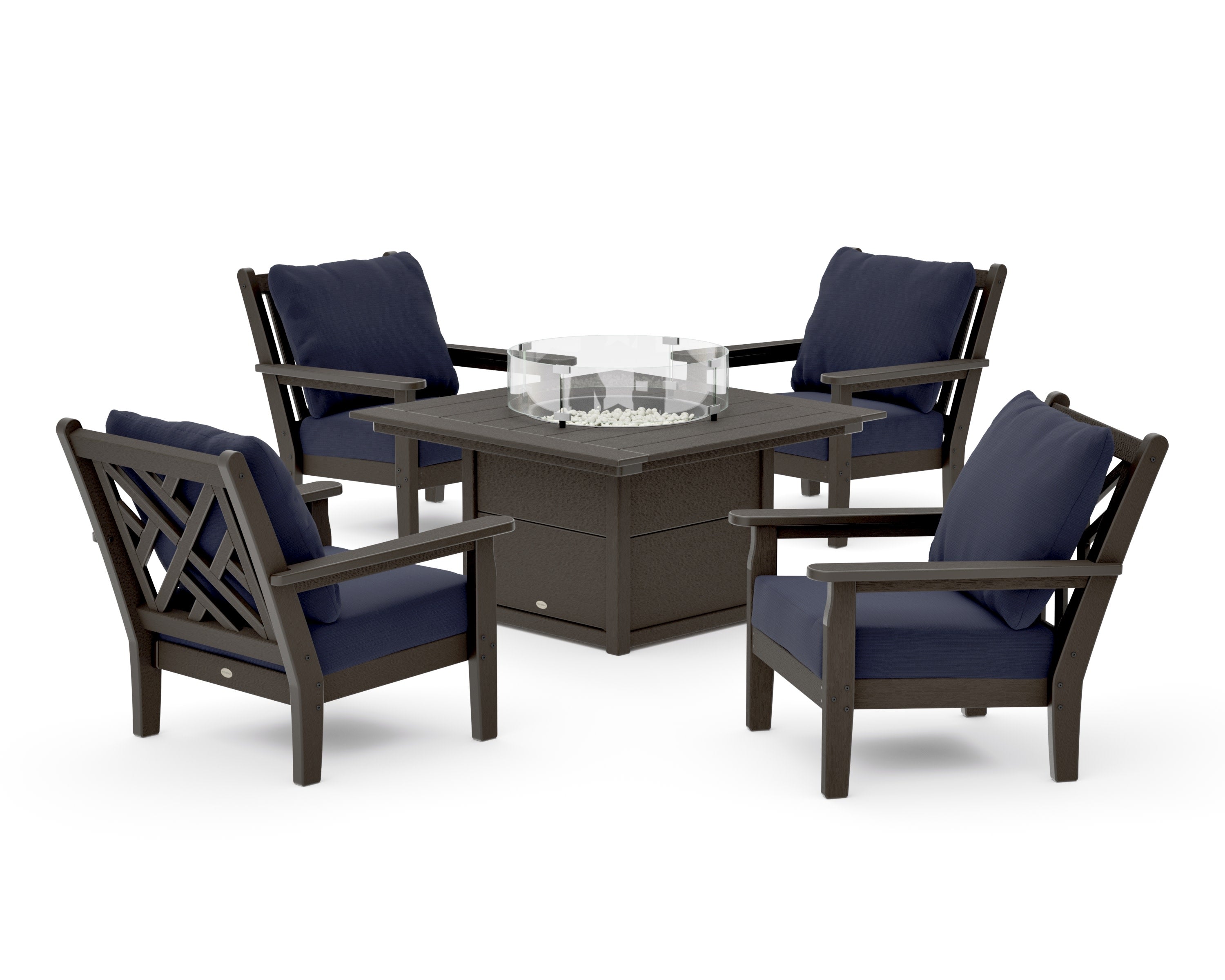 Chippendale 5-Piece Deep Seating Set with Fire Pit Table in Vintage Coffee / Navy Linen
