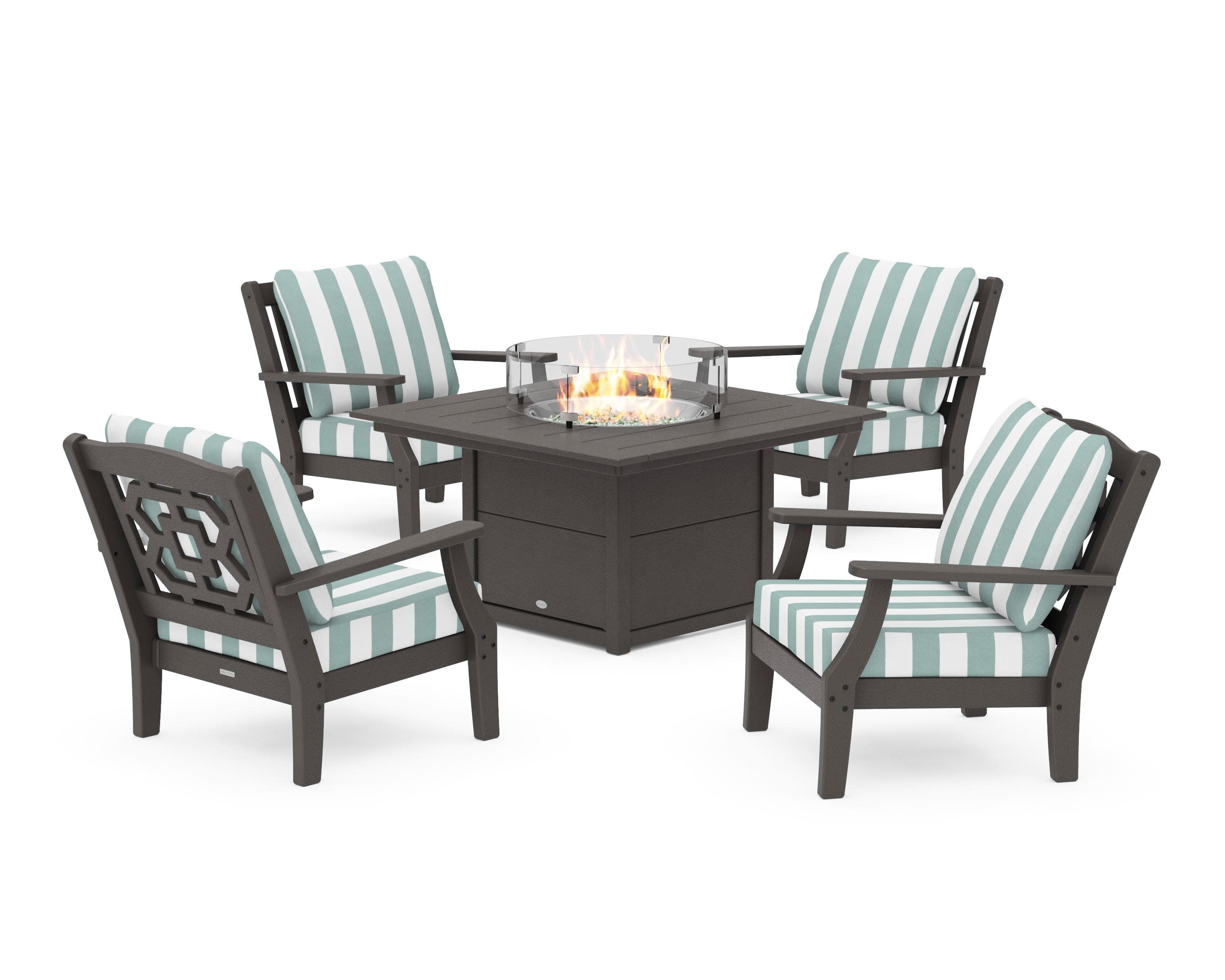 Chinoiserie 5-Piece Deep Seating Set with Fire Pit Table in Vintage Coffee / Cabana Stripe Glacier Spa