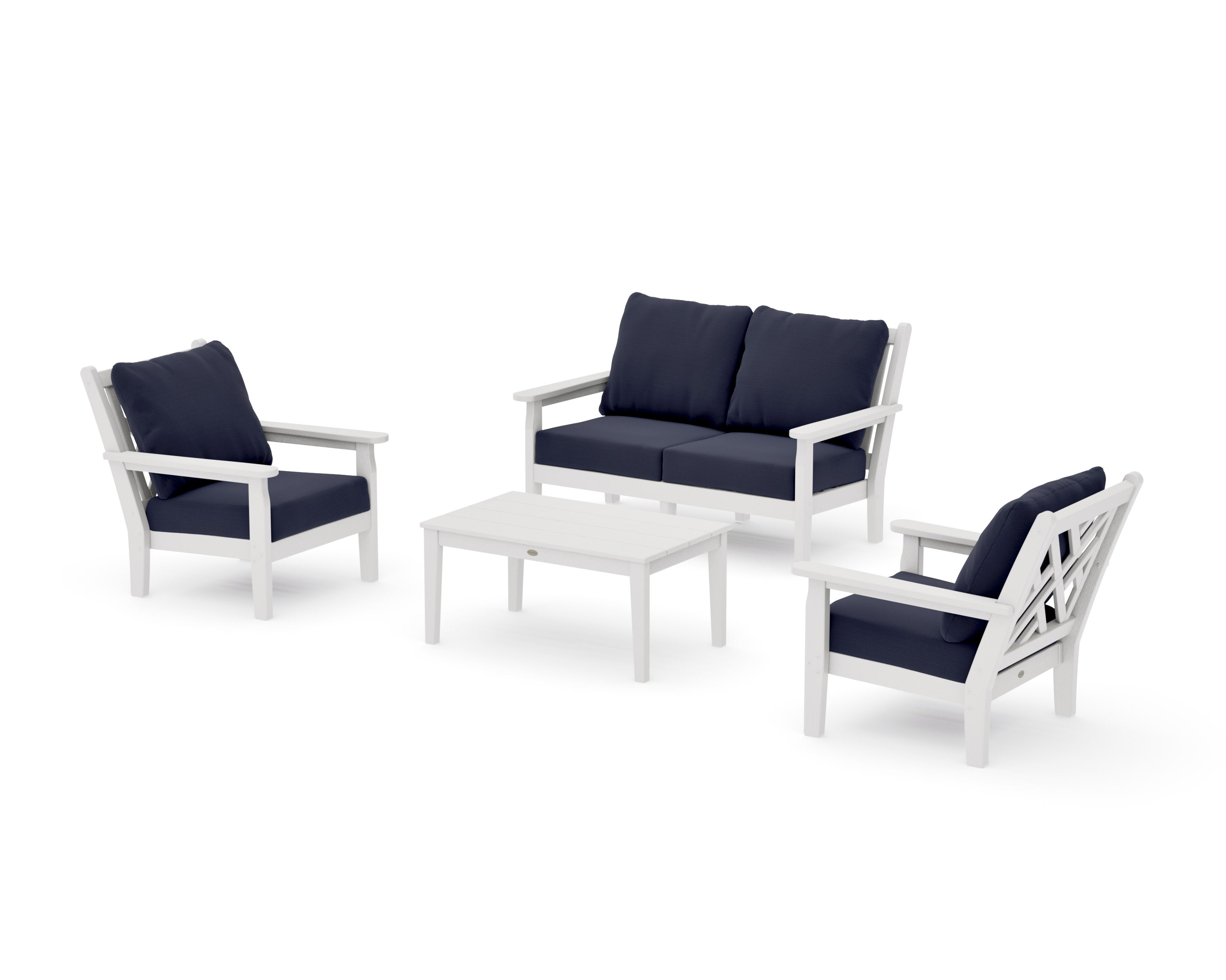 Chippendale 4-Piece Deep Seating Set with Loveseat in Vintage White / Navy Linen