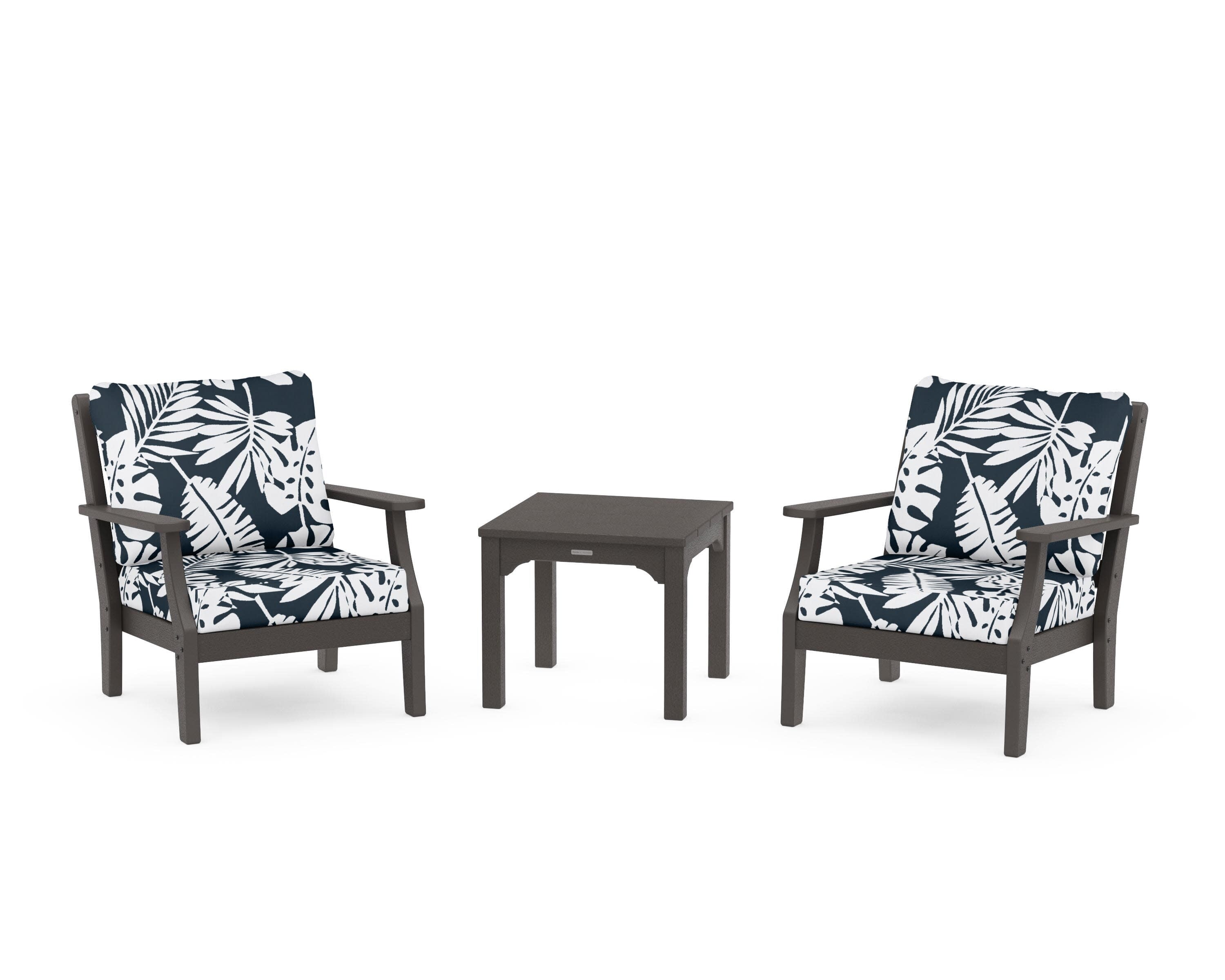 Chinoiserie 3-Piece Deep Seating Set in Vintage Coffee / Leaf Marine Indigo