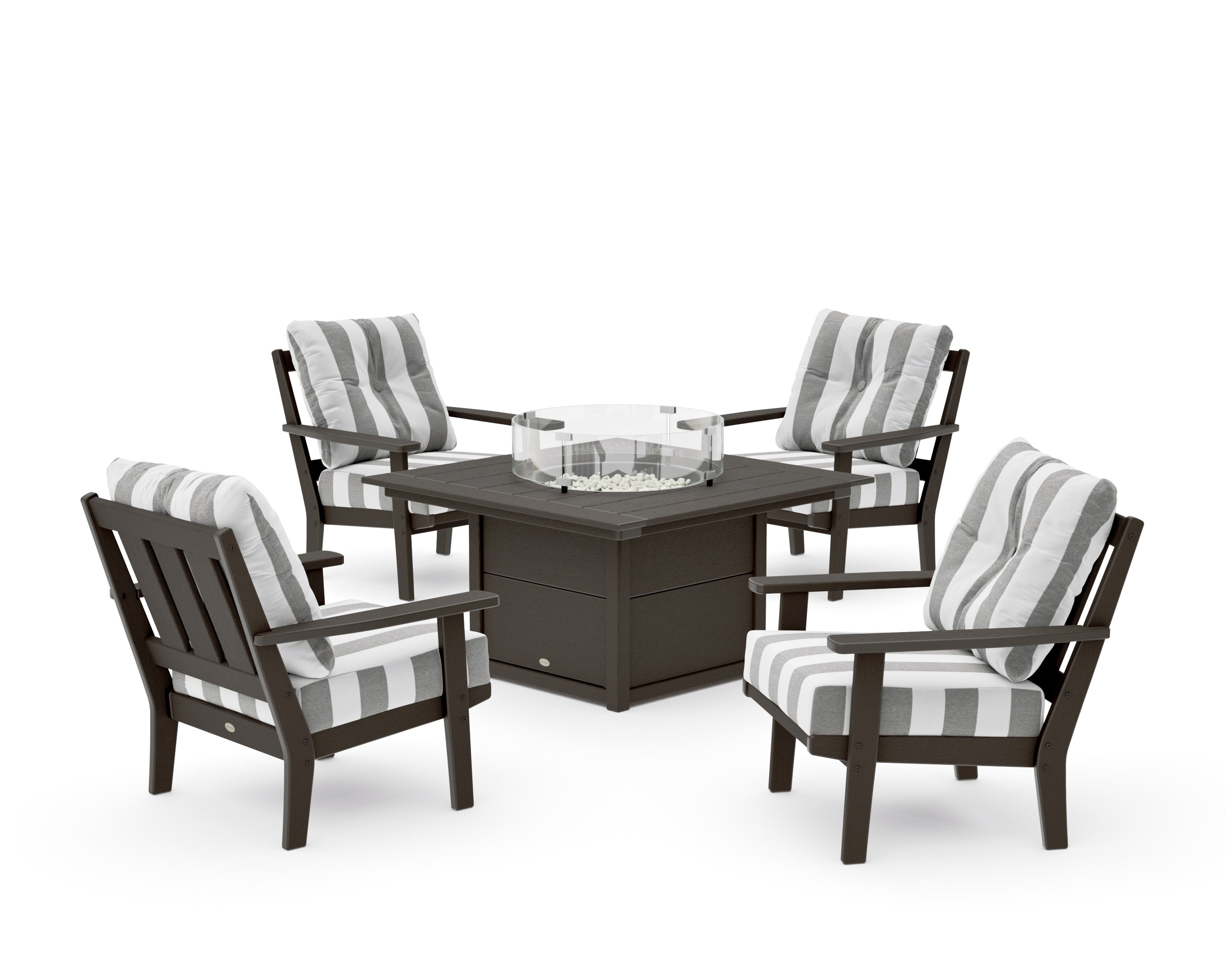 Oxford 5-Piece Deep Seating Set with Fire Pit Table in Vintage Coffee / Cabana Stripe Grey Mist