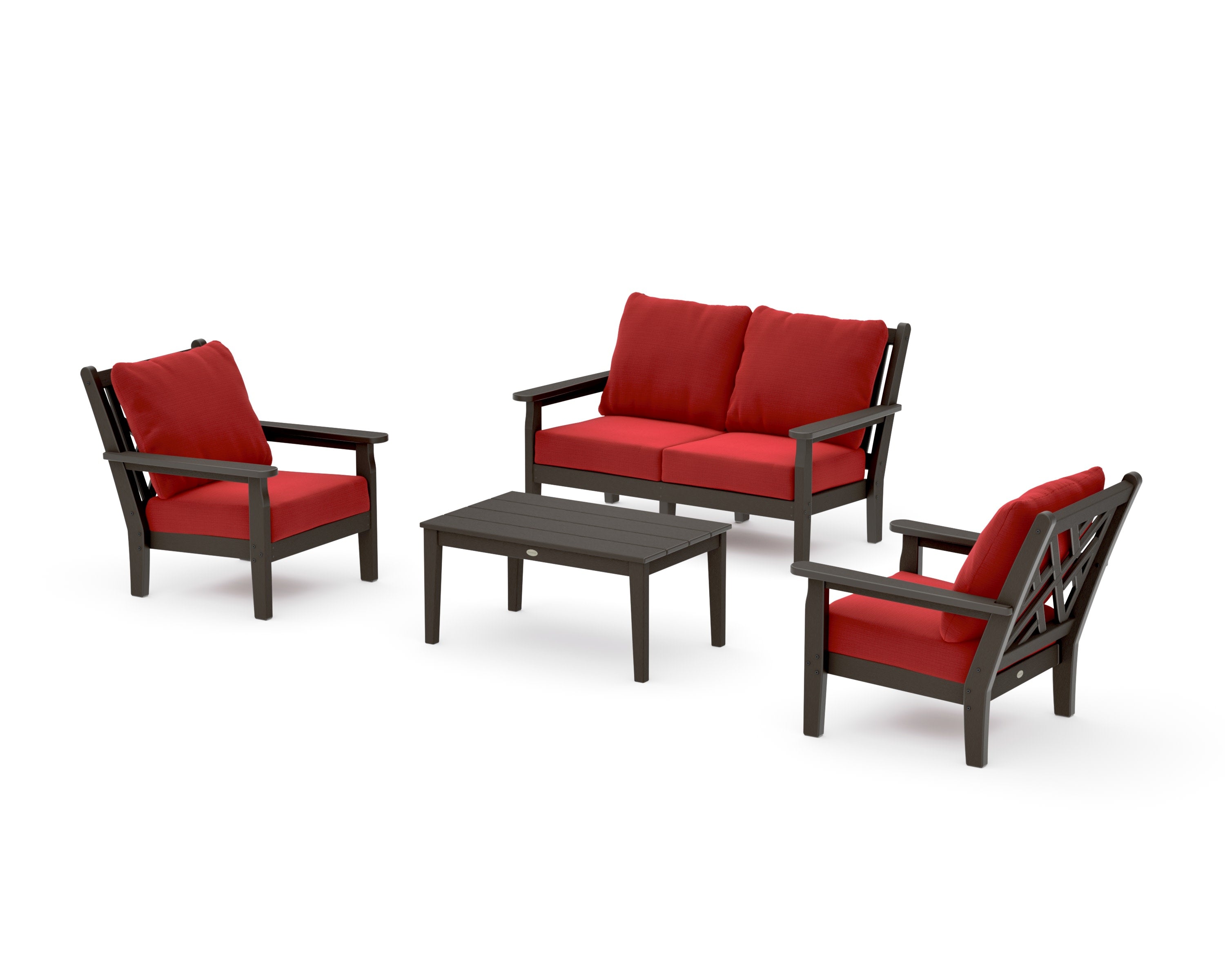 Chippendale 4-Piece Deep Seating Set with Loveseat in Vintage Coffee / Crimson Linen