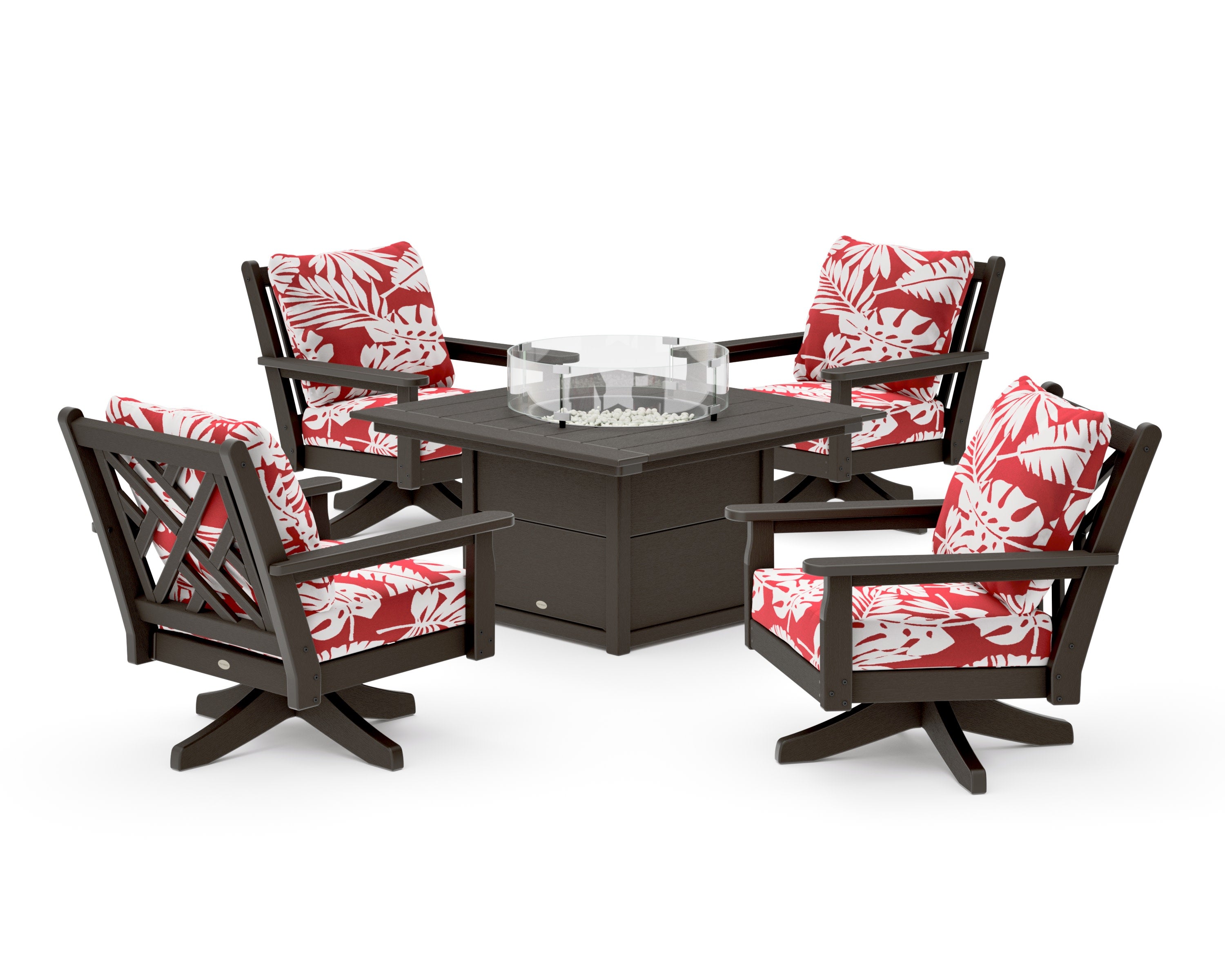 Chippendale 5-Piece Deep Seating Swivel Conversation Set with Fire Pit Table in Vintage Coffee / Leaf Crimson