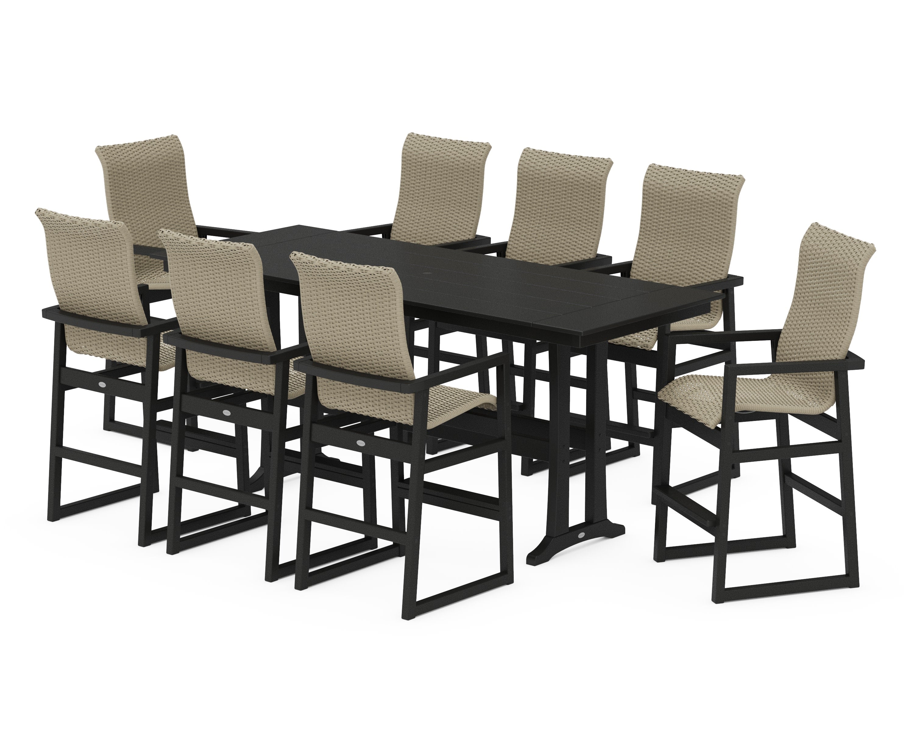 EDGE Woven Highback 9-Piece Farmhouse Bar Set with Trestle Legs in Black / Dune Grass