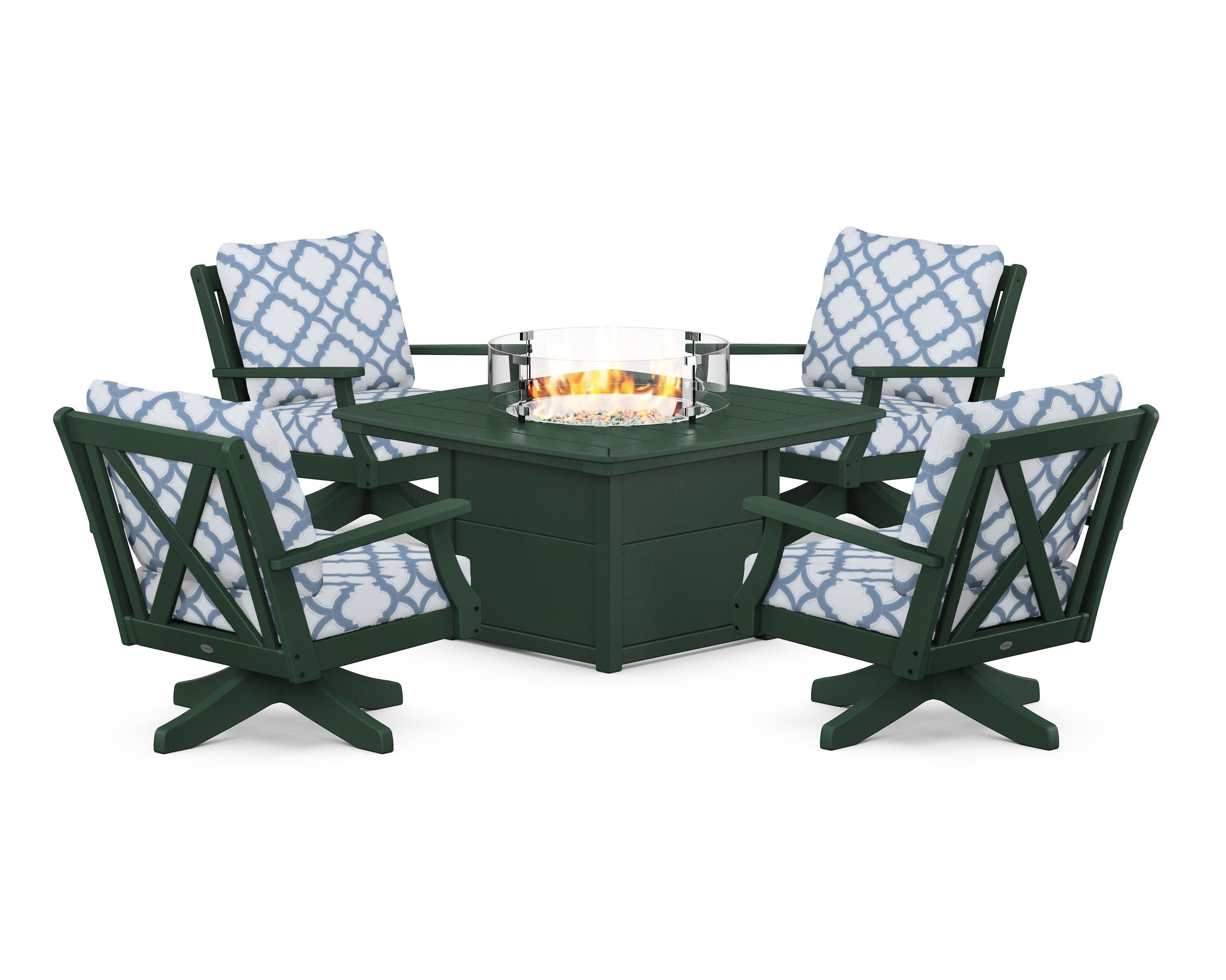 Braxton 5-Piece Deep Seating Swivel Conversation Set with Fire Pit Table in Green / Trellis Sky Blue