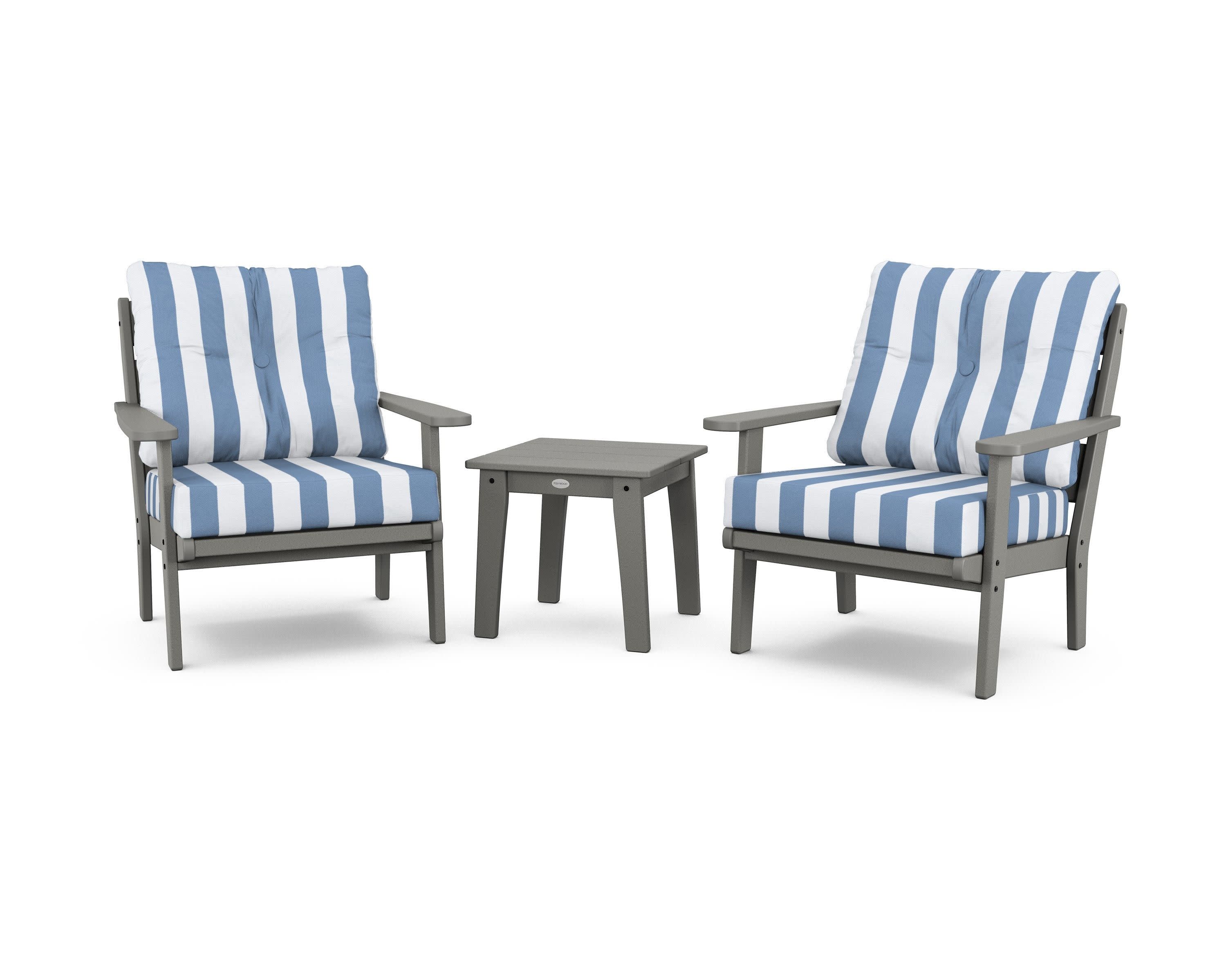 Lakeside 3-Piece Deep Seating Chair Set in Slate Grey / Cabana Stripe Sky Blue