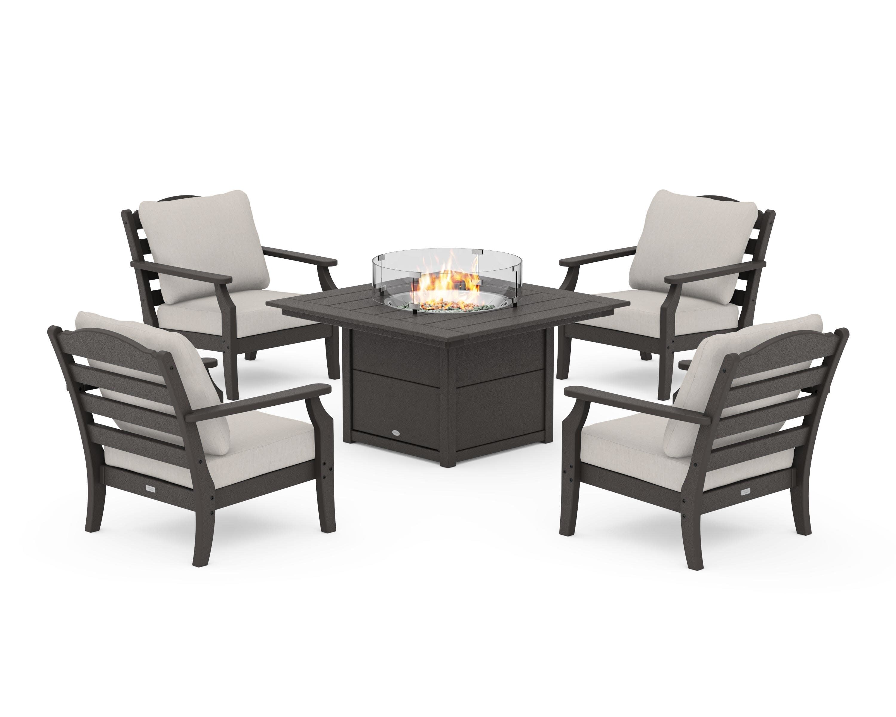 Savannah 5-Piece Deep Seating Set with Fire Pit Table in Vintage Coffee / Cast Ash
