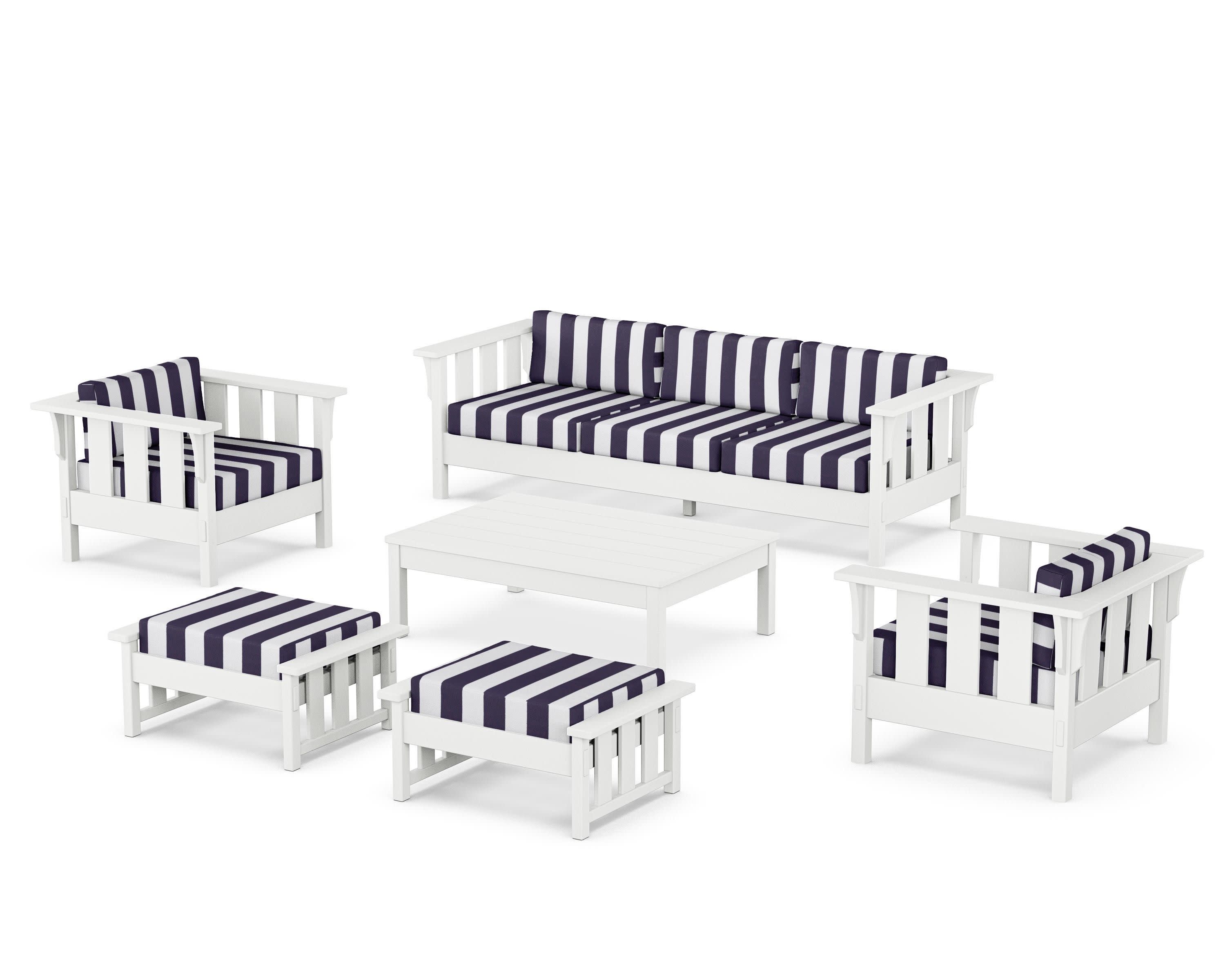 Acadia 6-Piece Lounge Sofa Set in White / Cabana Stripe Navy