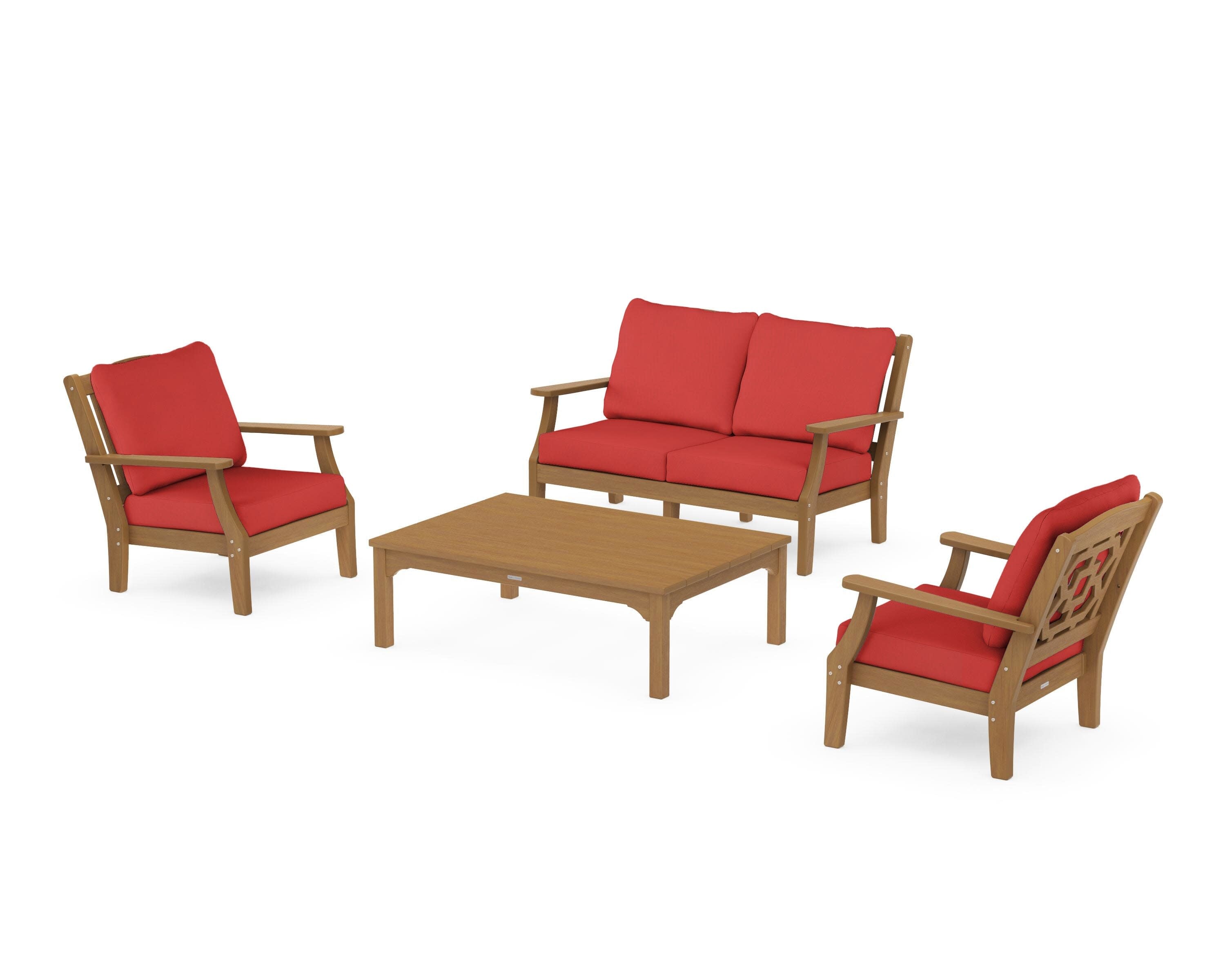 Chinoiserie 4-Piece Deep Seating Set with Loveseat in Natural / Crimson Linen