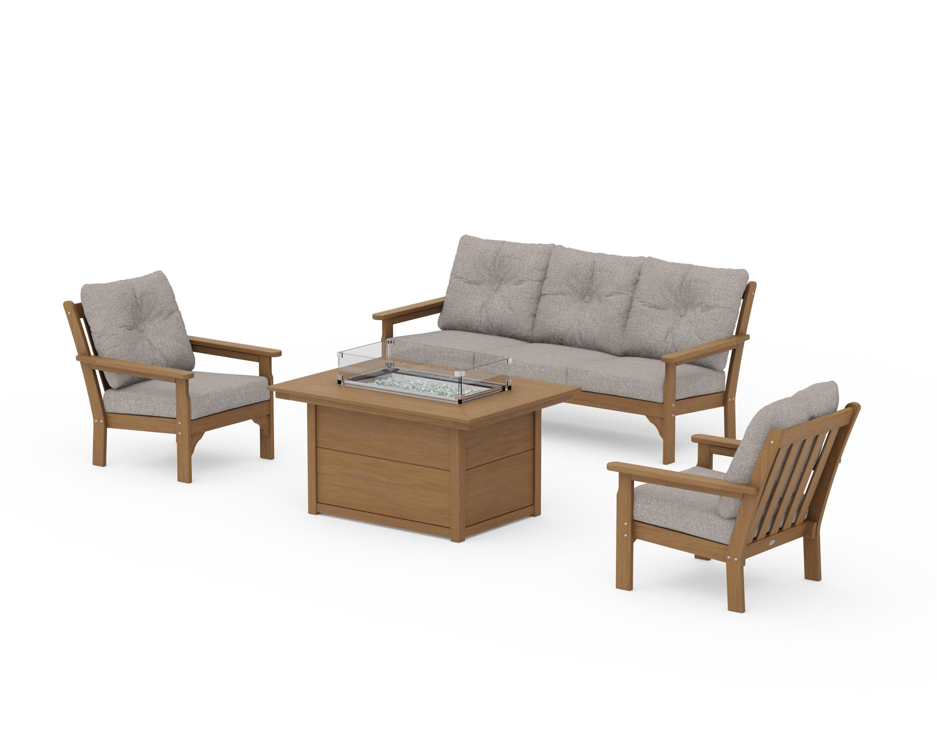 Vineyard Deep Seating Fire Pit Table Set in Natural / Weathered Tweed