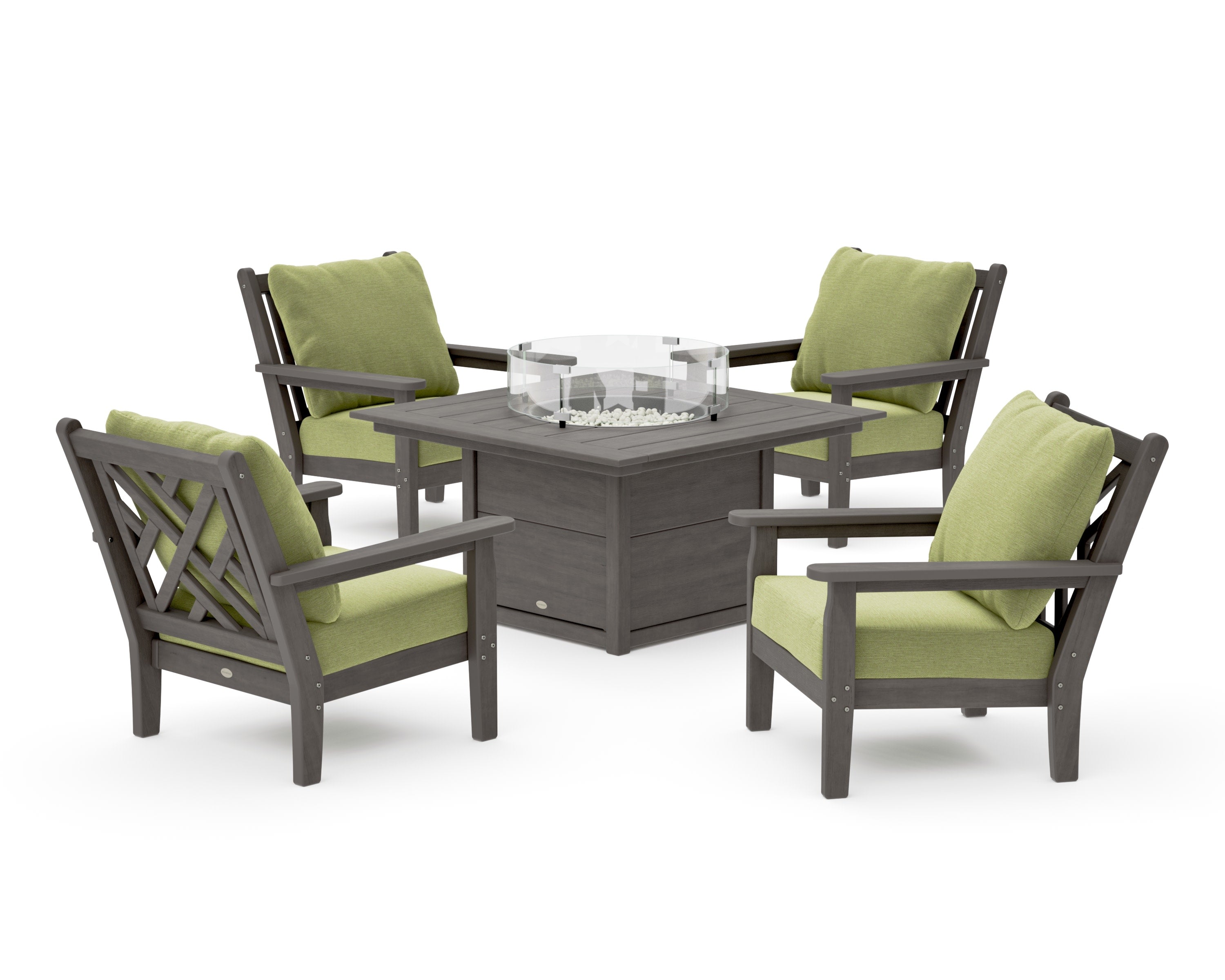 Chippendale 5-Piece Deep Seating Set with Fire Pit Table in Driftwood / Chartreuse Boucle