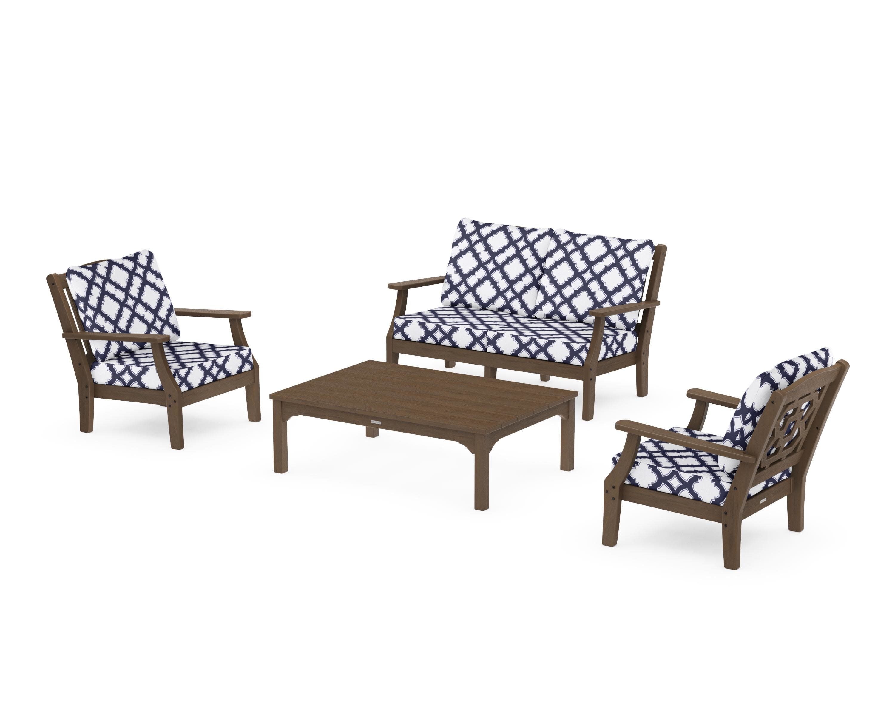 Chinoiserie 4-Piece Deep Seating Set with Loveseat in Kona / Trellis Navy
