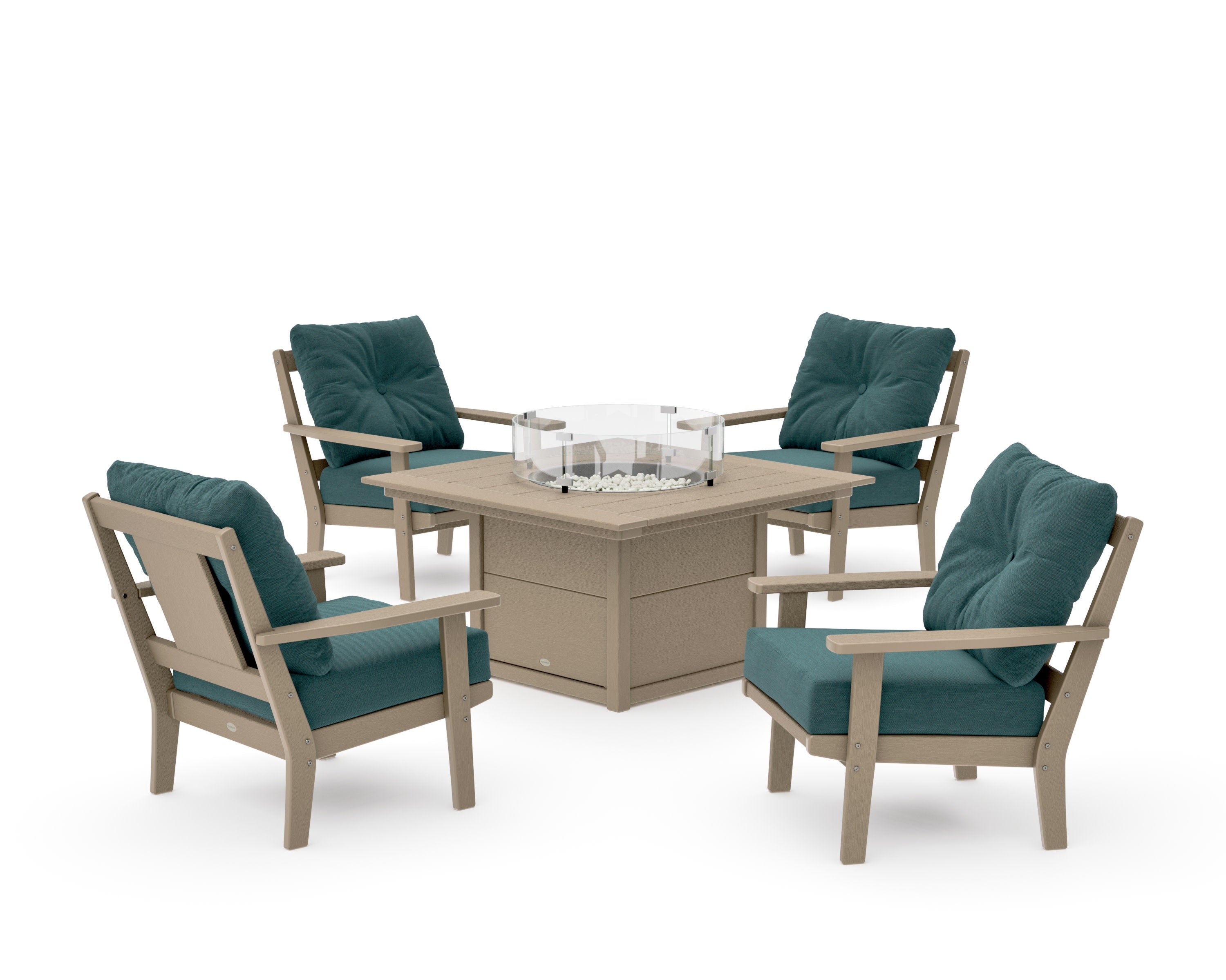 Prairie 5-Piece Deep Seating Set with Fire Pit Table in Vintage Sahara / Ocean Teal