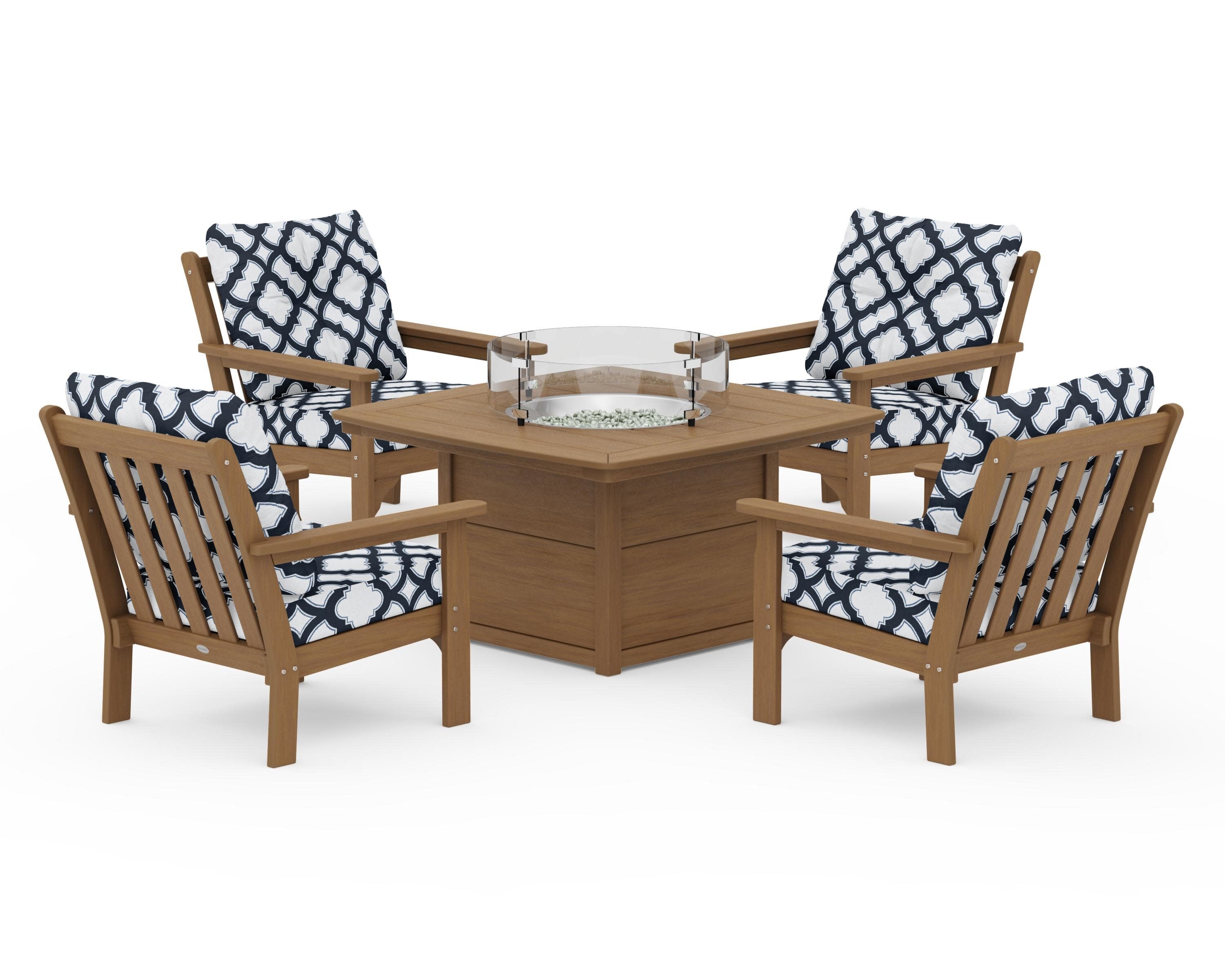 Vineyard 5-Piece Conversation Set with Fire Pit Table in Natural / Trellis Marine Indigo
