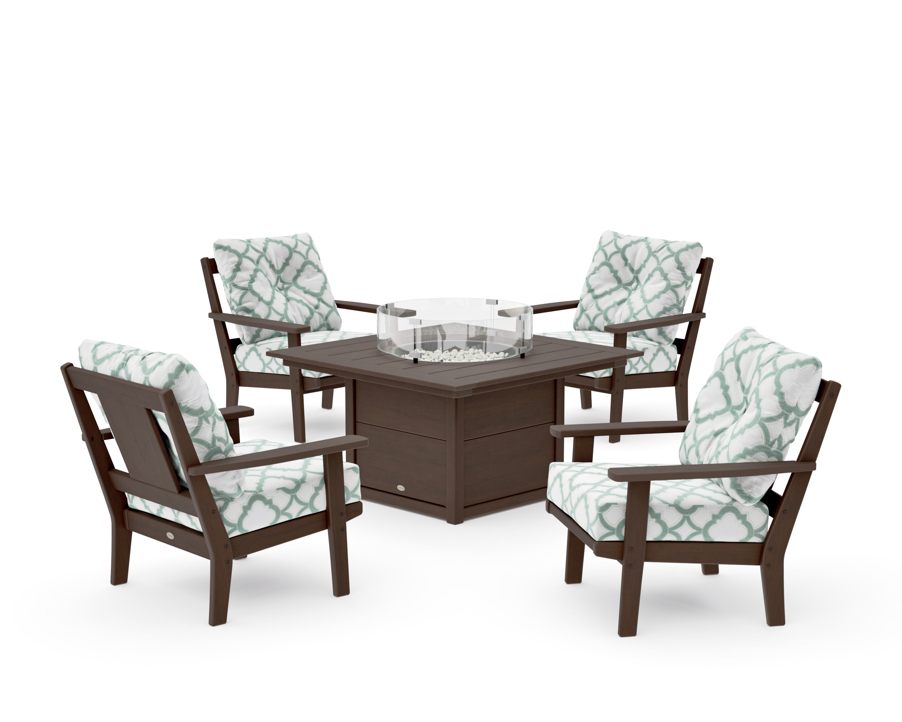 Prairie 5-Piece Deep Seating Set with Fire Pit Table in Kona / Trellis Glacier Spa