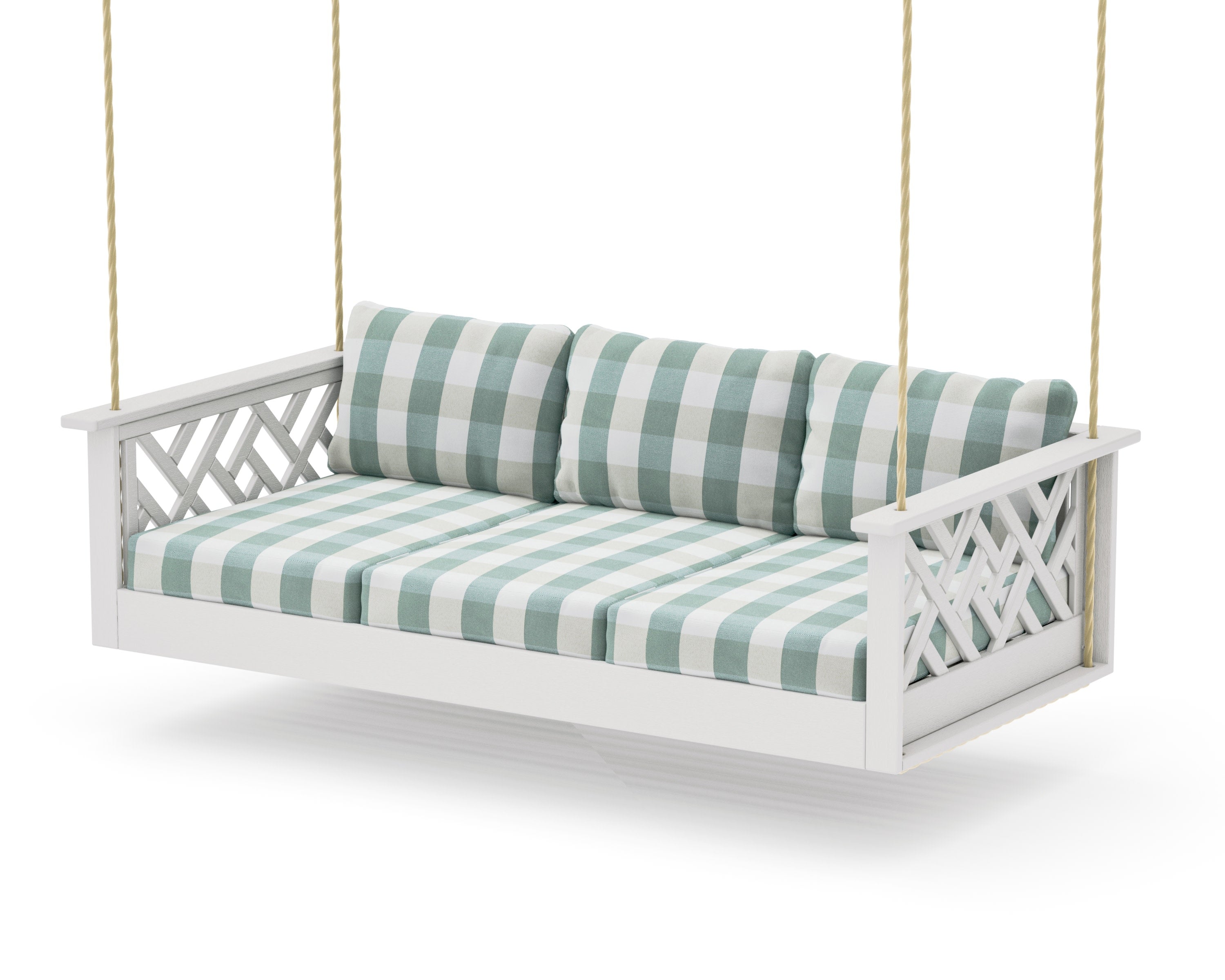 Chippendale Daybed Swing in Vintage White / Buffalo Plaid Glacier Spa